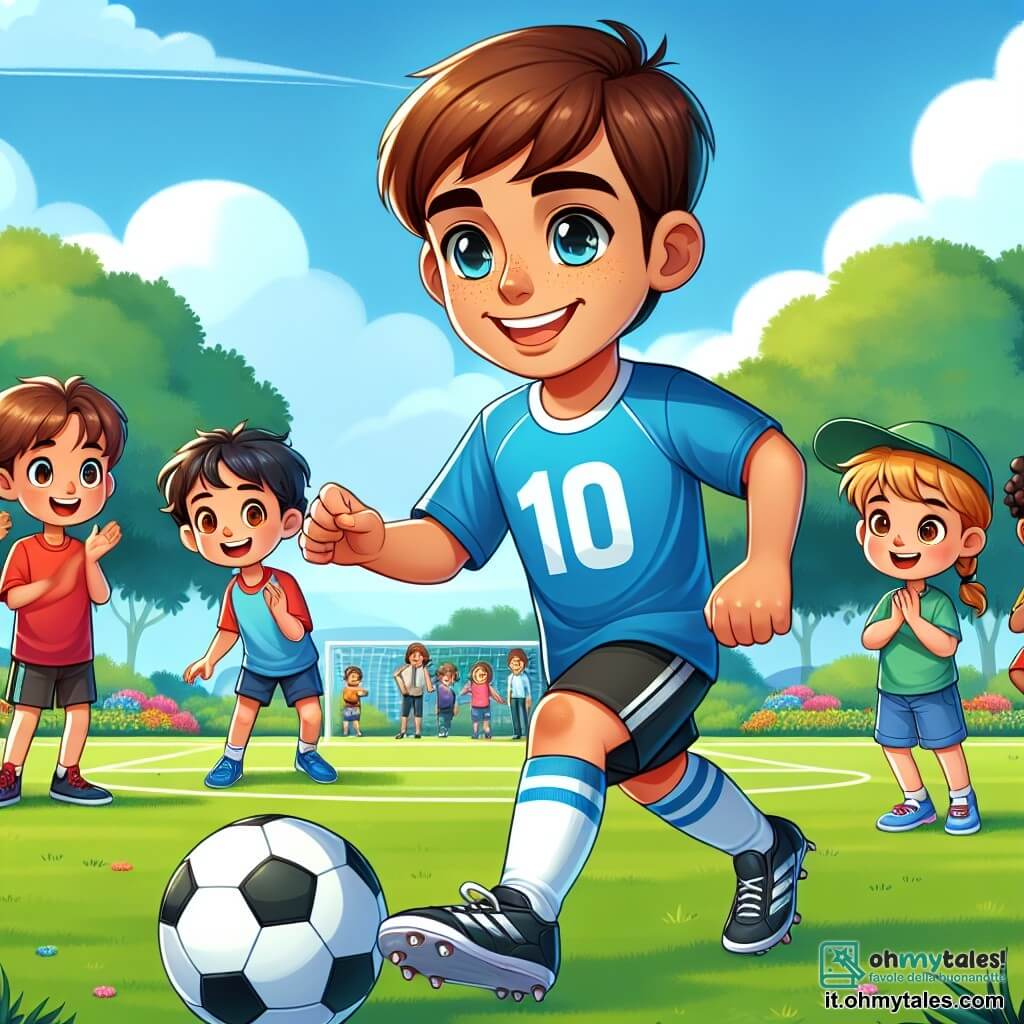 Un uomo, Marco, è al centro dell'immagine, sorridente ed entusiasta. Indossa una maglietta da calcio blu con il numero 10, pantaloni corti neri e scarpe sportive. I suoi capelli castani sono corti e ha uno sguardo scintillante di gioia. Marco sta dribblando un pallone da calcio su un campo verde.

Attorno a lui ci sono diversi bambini. Un ragazzo di 8 anni con capelli ricci e una maglietta rossa si prepara a tirare in porta, i suoi occhi brillano di eccitazione. Una ragazza di 7 anni con trecce e una gonna blu applaude saltando, piena di energia. Un altro ragazzo di 9 anni, con un cappellino verde, osserva attentamente Marco, pronto ad imparare.

Il luogo è un parco soleggiato, con un grande campo da calcio circondato da alberi verdi e fiori colorati. In lontananza si vedono famiglie che passeggiano e bambini che giocano.

La scena principale mostra Marco che insegna ai bambini come dribblare e tirare in porta, creando un'atmosfera gioiosa e dinamica dove l'amicizia e il divertimento del gioco sono al centro dell'azione.