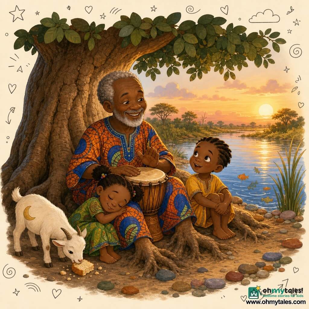 An old smiling, calm dark-skinned man with short gray hair and a thin beard, wearing orange-and-blue wax cloth, sits under a large ancient tree tapping a small wooden drum; to his right a dark-skinned boy of about six with short braided hair in a short yellow tunic listens with wide-eyed wonder, a dark-skinned four-year-old girl with pigtails in a green patterned dress sleeps against the man's knees with a peaceful smile, and a small white goat with a crescent-shaped flank mark nibbles bread to his left; behind them a shiny river with clear water reflects the blue sky and tall grasses with small fish and colorful pebbles on the bank, the thick cracked-trunk tree with dark round leaves and exposed roots forms a natural cushion, the scene is a warm, tranquil dusk with soft orange light, intimate composition, happy faces, pronounced fabric and wood textures, and a comforting African folktale atmosphere.