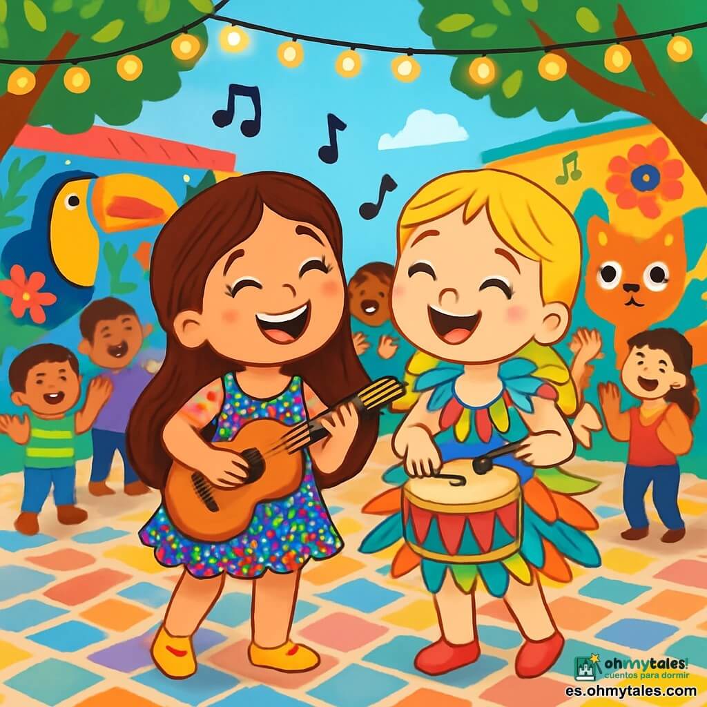 Hay 2 personajes principales: Lucía, una niña de 6 años con largos cabellos castaños y ojos brillantes, que lleva un disfraz de carnaval lleno de lentejuelas multicolores y sostiene una pequeña guitarra; y Marina, también de 6 años, con trenzas rubias y ojos azules, vestida con un vestido colorido adornado con plumas y sosteniendo un tambor. Ambas están en el centro de la placita de los artistas, rodeadas de murales vibrantes de animales y flores, con un suelo de mosaico y guirnaldas de luces brillantes colgando de los árboles. La escena principal muestra a Lucía y Marina cantando alegremente su canción de carnaval, con sonrisas radiantes, mientras notas musicales flotan a su alrededor y niños y adultos bailan y aplauden, creando un ambiente festivo y colorido.
