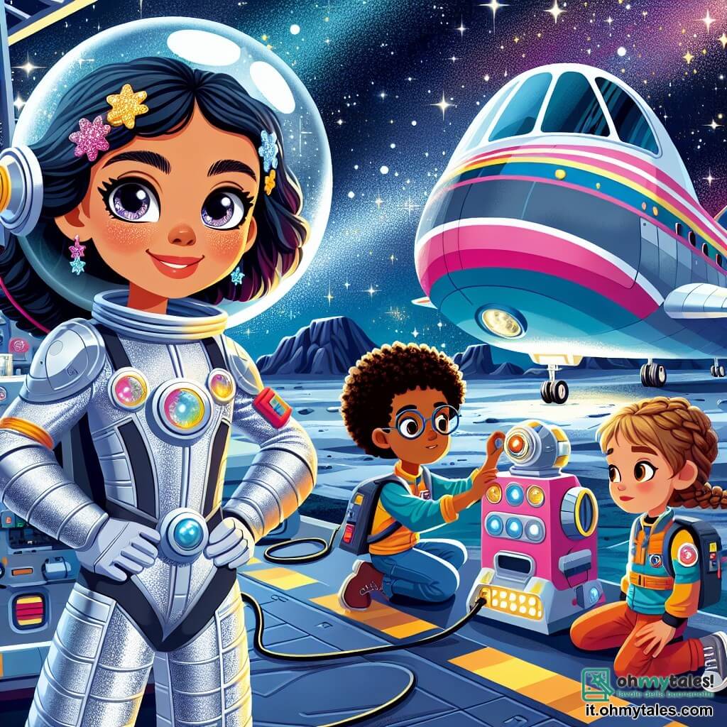 Stella, una donna coraggiosa con una tuta spaziale argentea scintillante, sorride con eccitazione, gli occhi brillanti di curiosità, mentre si trova davanti alla navicella Arcobaleno Stellare. Accanto a lei, un ragazzo di 10 anni, con capelli ricci e occhiali rotondi, aggiusta un piccolo robot che ha costruito, mostrando un'espressione concentrata. Un'altra figura, una ragazza di 9 anni con capelli intrecciati e un casco da astronauta, guarda con meraviglia le stelle scintillanti sopra di loro. Il contesto è una piattaforma di atterraggio sulla luna Argentea, con crateri argentati e montagne lontane sotto un cielo nero punteggiato di stelle brillanti. La navicella, colorata e futuristica, brilla alla luce delle stelle, pronta a decollare verso nuove avventure. La scena principale mostra Stella e il suo equipaggio che preparano il loro viaggio spaziale, pieni di eccitazione e anticipazione, pronti a esplorare nuove galassie.