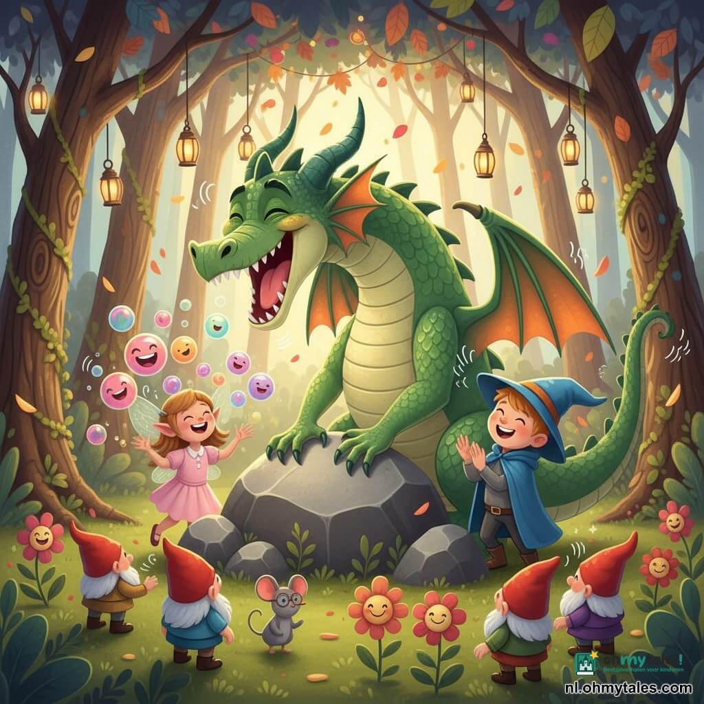 Een grote groene draak genaamd Draco met glinsterende smaragdschubben en lachende ogen leunt op een grote rots en schaterlacht, links staat het glimlachende fee/elfje Lila in een pastelroze jurk met kleurenbellen, rechts de ongeveer achtjarige jongen Timo als kleine tovenaar met blauwe cape en puntmuts die applaudisseert, voor hen een vrolijk publiek van ronde kabouters met rode hoedjes, een glimlachende muis met bril en bloemen met gezichten; locatie: een mosbedekte open plek in het betoverde bos met gedraaide bomen, kleurrijke bladeren en hangende lantaarntjes; situatie: een dagelijk grapjeswedstrijd met feestelijke sfeer, zwevende kleurige bellen en zichtbare lachgolven.