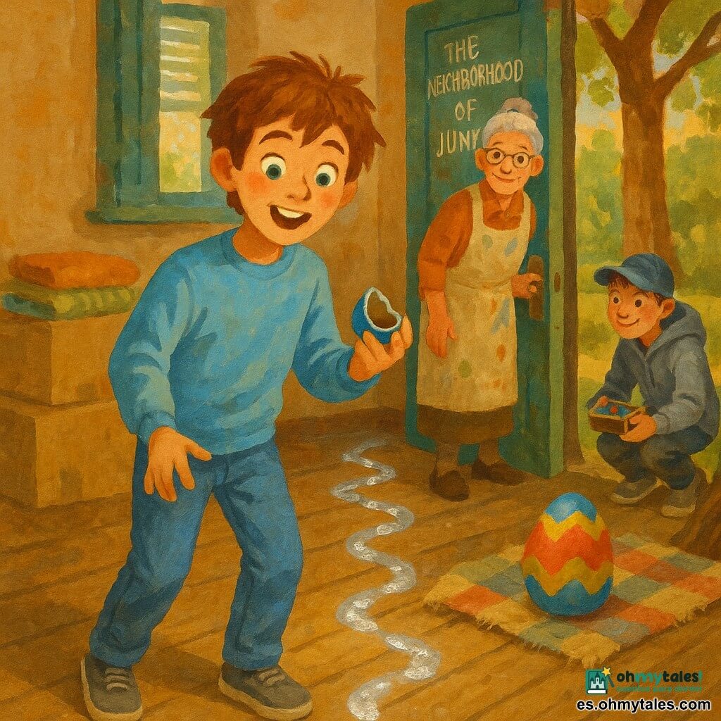 Un chico de 12 años, alegre y maravillado, cabello castaño claro despeinado, ojos verdes, ropa informal (sudadera azul claro, vaqueros), sostiene un pequeño huevo de chocolate azul abierto en una mano y mira huellas brillantes en el suelo; una abuela de unos 70 años, sonriente, pelo gris en moño, delantal con manchas de pintura, en el umbral de la puerta con la mano en el tirador y mirada tierna; un amigo niño de ~12 con gorra, expresión divertida, sudadera con capucha gris y una pequeña caja de chocolates, agachado junto a un viejo árbol a la derecha; lugar: interior de una antigua vivienda familiar abierta a un pequeño parque, suelo de madera gastada, mantas y cajas apiladas, luz matinal suave por una ventana con contraventanas verdes, huellas plateadas brillantes que serpentean desde la puerta hasta el parque; situación: los chicos descubren una pista de huellas luminosas que conduce a un gran huevo colorido sobre una vieja manta, atmósfera de descubrimiento y compartir, paleta pastel tipo gouache con texturas de pincel, contrastes cálidos (ocre, madera, naranja) y acentos plateados en las huellas.