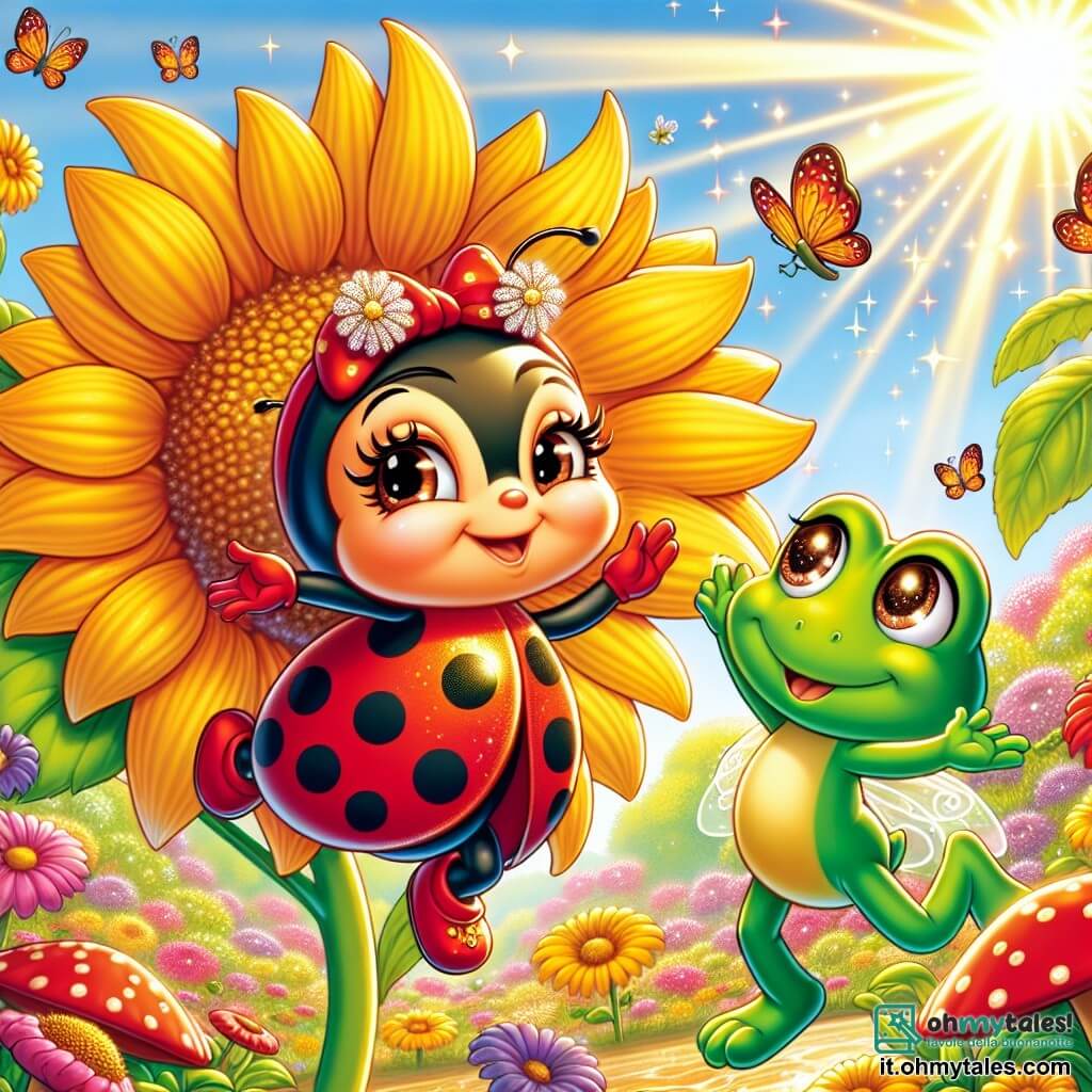 Una piccola coccinella di nome Lella, con un luccichio di gioia nei suoi grandi occhi neri e un corpo rosso brillante punteggiato di piccole macchie nere, danza felicemente su un grande girasole, con le sue delicate ali leggermente aperte. Vicino a lei, una piccola rana verde brillante di nome Rina, con occhi tondi e scintillanti, osserva Lella con ammirazione, pronta a saltare per unirsi a lei. Il paesaggio è un magnifico boschetto soleggiato, pieno di fiori colorati con petali brillanti, mentre i raggi di sole filtrano tra le foglie verdi, creando un'atmosfera magica e calorosa. Sullo sfondo, un ruscello scintillante serpeggia attraverso il paesaggio, aggiungendo un tocco di freschezza alla scena. In questa illustrazione, Lella e Rina celebrano la loro amicizia dopo aver ritrovato l'anello d'oro perduto di Rina, circondate dalla bellezza della natura, simboleggiando gioia e cameratismo.
