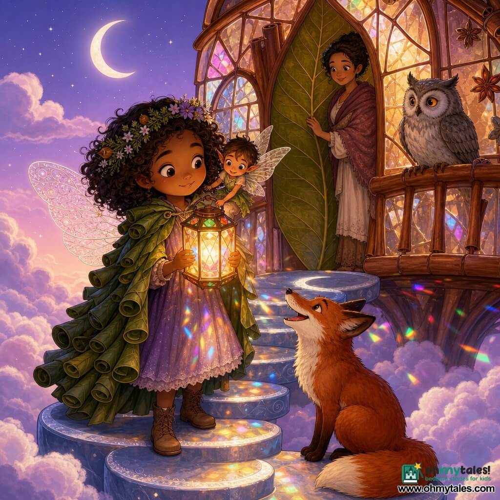 Mila, a gentle, curious fairy girl with curly hair and wildflowers, wearing a coat of rolled leaves and delicate lace wings, holds a glowing lantern proudly yet humbly on the porch of a small glass-and-cinnamon house atop a cloud summit reached by silver moon stairs; tiny Pip, the size of a teacup, perches on her shoulder with a mischievous smile, a wise old grey owl with amber eyes watches from the house balustrade to the right, a joyful red fox sits at the foot of the steps, and Mila’s mother stands on the leafy doorstep in warm fabrics watching tenderly — the lavender twilight sky, fluffy cotton clouds, and lantern casting broken-rainbow fragments create a magical, calm, comforting scene with soft textures and clean lines in pastel colors suited for children.