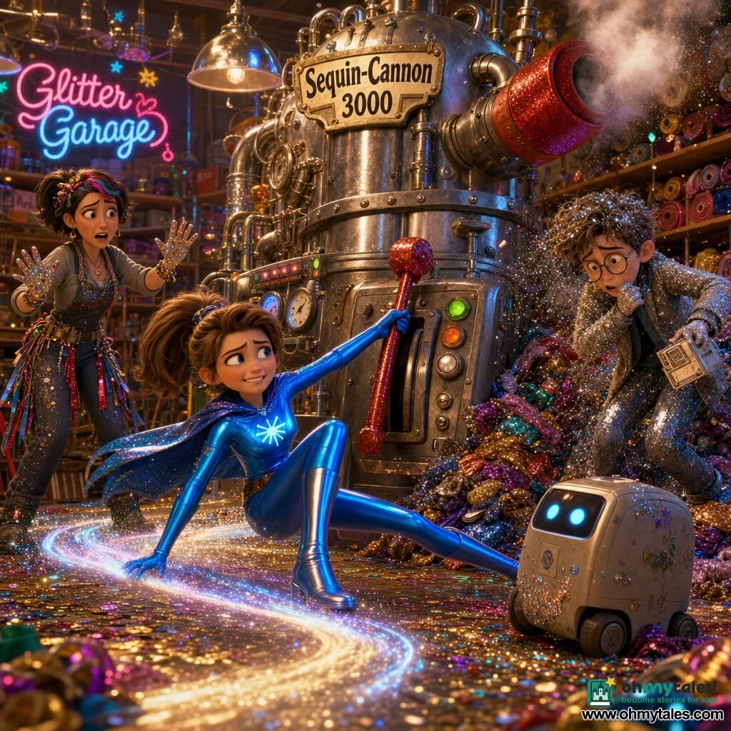A heroine (Nova Spark) with a determined but amused face, focused and slightly embarrassed, in a shiny electric-blue form-fitting suit with a glowing emblem, short floating cape, shiny boots and light brown ponytail, slides on a glowing ground trail and pulls a glitter-covered red lever; an adult woman (Maya, the costumer), ~30, fair skin, short black hair with a colored streak and ribbons, worried but relieved expression, hands covered in glue and confetti, stands to the side near shelves of fabric watching; a teenage boy (Theo), ~16, slim, round glasses, pale, covered in silver glitter with an sheepish funny face, emerges from a pile of sparkly fabric coughing and holding a small delivery robot; a small beige matte metal delivery robot with blue LED eyes, partially dusted with sequins, blinks on the floor in front of Theo; interior of the cluttered "Glitter Garage" workshop with walls of fabric rolls, hanging lamps with metallic reflections, glitter-strewn floor and ribbon packages, and a large shiny steel "Sequin-Cannon 3000" with pipes and a smoking red nozzle centerstage; dynamic scene as Nova skids along the light track to jolt a stuck lever on the sequin machine while thick clouds of glitter fall, fabric scraps and confetti fly, and warm lights and spotlights cast colorful reflections on the sequins.