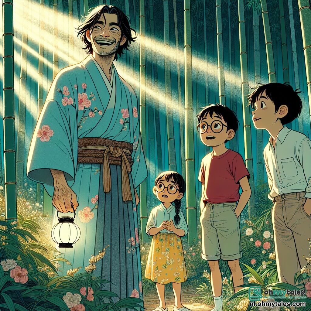 Taro, een spirituele man met een warme glimlach, draagt een lichtblauwe kimono met kersenbloemmotieven. Zijn ogen stralen van opwinding en wijsheid terwijl hij in het midden van een weelderige bamboebos staat, omringd door hoge, slanke bamboestokken. Naast hem kijken drie kinderen, twee jongens en een meisje, vol verwondering. De eerste jongen, 10 jaar oud, heeft rommelig zwart haar en draagt een beige korte broek. De tweede jongen, iets jonger, heeft een ronde bril en een rode t-shirt aan. Het meisje, 9 jaar oud, heeft lange gevlochten haren en een gele bloemenjurk, en houdt een kleine papieren lantaarn vast. Ze staan dicht bij Taro, hun gezichten verlicht door nieuwsgierigheid. De locatie is een mystiek bamboebos, doordrenkt met zacht licht, met zonnestralen die door de groene bladeren filteren en schaduwpatronen op het gras creëren. Kleurige wilde bloemen bedekken de grond, wat een vleugje magie aan de omgeving toevoegt. Taro legt aan de kinderen uit dat het echte avontuur niet ligt in het zoeken naar materiële schatten, maar in het ontdekken van hun eigen moed en vriendschap, terwijl ze zich voorbereiden om de oude storm in de verte te verkennen.