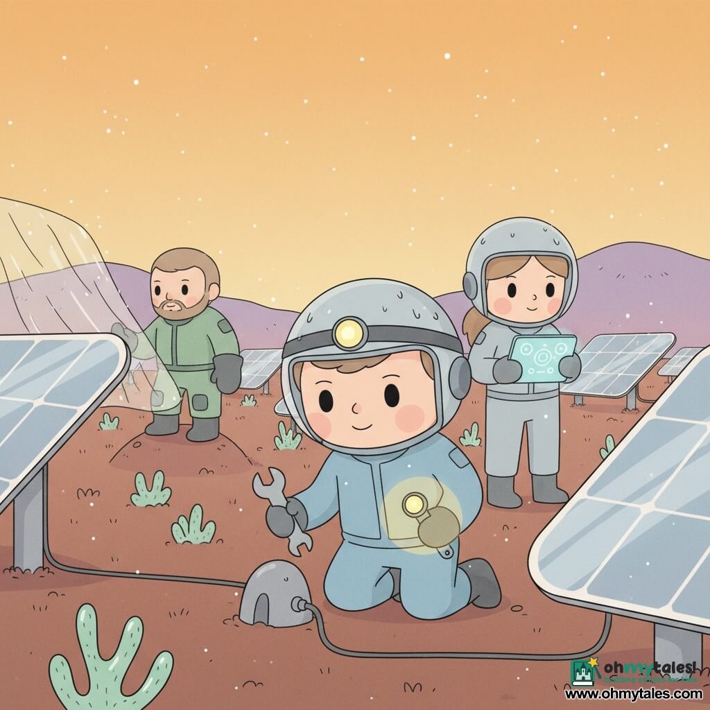 A man, Commander Elias Rowan — gentle face, square jaw, short brown hair, determined but kind expression, attentive bright eyes — kneels by a solar panel holding a headlamp and a wrench, repairing an anchor; a woman, Mara, systems lead, ~30, ponytail, light-gray tech suit, focused, stands to his right behind him holding a lit tablet with schematics; a man, Leon, engineer, ~35, sturdy with a light beard and heavy gloves, stands on a small berm to the left of the panels securing a protective membrane. Location: an outer valley on Aurelia-3 with reddish-brown textured soil, pale waxy plants, distant purple ridges and a wide yellow-orange sky with floating metallic dust; silver solar panels reflect light, cables and anchors visible. Main situation: nighttime post-storm repair — teamwork, dried rain on helmets, glittering dust in the air, headlamps casting warm circles on the panels, mood of calm courage and cooperation.