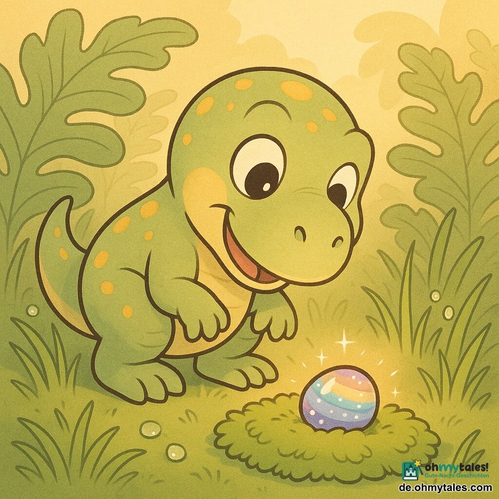 Ein kleiner Tyrannosaurus Rex namens Timi mit rundem Gesicht und großen Augen, erstauntes, sanftes Ausdrucks, zartgrüner, gelb gesprenkelter Haut und abgerundeten Krallen tippt mit den Pfoten „tap, tap“ auf den Boden, hockt lächelnd neben einem Moosbett, ein Licht reflektiert auf seiner Schnauze; auf dem Moos liegt ein glänzender Regenbogenstein, klein, glatt mit schimmernden Farbstreifen, der leise „bim‑bam“ summt, umgeben von großen Farnen, taubedeckten Grashalmen und goldenem Morgennebel — ein ruhiger Moment, in dem Timi sanft die Pfote nach dem magischen Stein ausstreckt, warme, wundervolle Atmosphäre.