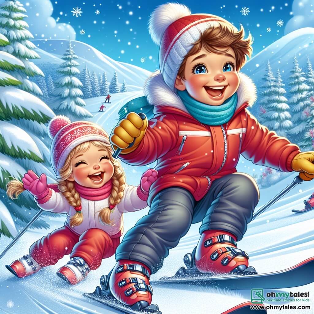 A 7-year-old boy, Charlie, with messy brown hair and sparkling eyes, is sliding down a snowy slope with a big smile on his face. He is wearing a bright red ski suit, a blue hat, and yellow gloves, clearly delighted by the sensation of snow under his skis. Next to him, his 5-year-old sister Lucy, with braided blonde hair and rosy cheeks, is laughing as she tries to maintain her balance on her small pink skis. She is slightly behind, holding their father's hand, who encourages them with a proud smile. The scene is set in a magical winter landscape, with majestic snow-covered fir trees, a clear blue sky dotted with white clouds, and gentle snowflakes falling around them. The main focus is on Charlie and Lucy enjoying the slope, discovering the joys of skiing together, while their father watches them with pride and affection.