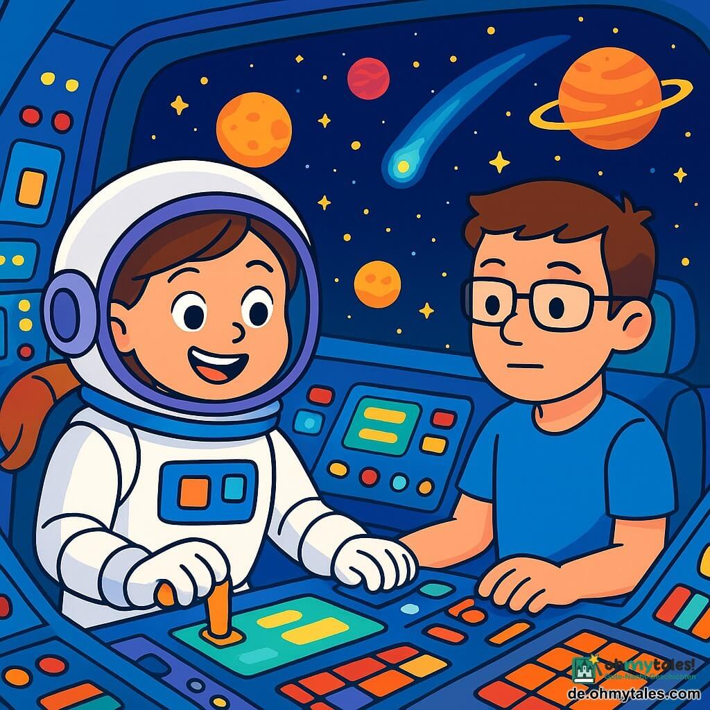 Eine Astronautin, Anna, mit braunen Haaren zu einem Pferdeschwanz gebunden, trägt ein großes, aufgeregtes Lächeln auf ihrem Gesicht. Sie sitzt im Cockpit eines glänzenden Raumschiffs, umgeben von bunten Knöpfen und leuchtenden Bildschirmen. Neben ihr schaut ein junger Mann, Ben, etwa 30 Jahre alt, mit Brille und blauem T-Shirt, konzentriert auf die Instrumente, bereit zu helfen. Das Cockpit ist voller funkelnder Lichter und Kontrolltafeln, und durch das Fenster sieht man einen sternenübersäten Himmel mit bunten Planeten und leuchtenden Kometen. Die Hauptsituation zeigt Anna und Ben, die das Raumschiff für eine Reise zu einem fernen Planeten vorbereiten, voller Enthusiasmus und Neugier, während sie sich auf die Erkundung des Unbekannten vorbereiten.