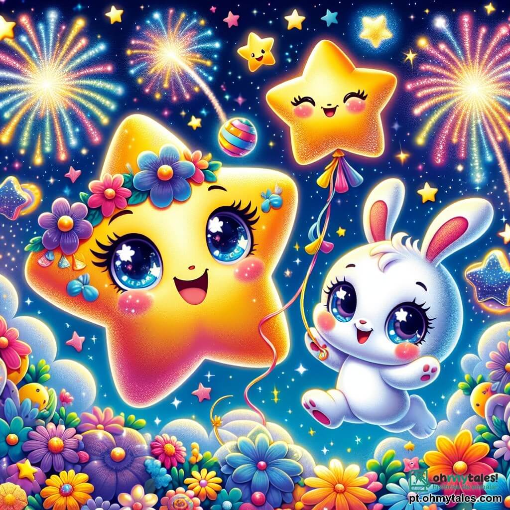Lúcia, uma pequena estrela brilhante com olhos cintilantes e um sorriso radiante, flutua alegremente no céu noturno, cercada de luzes cintilantes. Ela decora uma festa de Ano Novo com guirlandas de flores coloridas e balões estrelados, expressando grande empolgação. Ao seu lado, Pipo, um coelhinho travesso com grandes orelhas e pelagem macia e branca, salta de alegria, seus olhos brilhando de felicidade. Ele segura um balão em forma de estrela nas patas dianteiras, pronto para pendurá-lo. O cenário é um céu estrelado, salpicado de nuvens fofas e fogos de artifício coloridos que iluminam a noite. Flores vibrantes flutuam ao redor, criando uma atmosfera festiva e mágica. A cena principal mostra Lúcia e Pipo preparando a festa de Ano Novo, cercados por amigos, com luzes e alegria, prontos para celebrar juntos em um turbilhão de cores e felicidade.