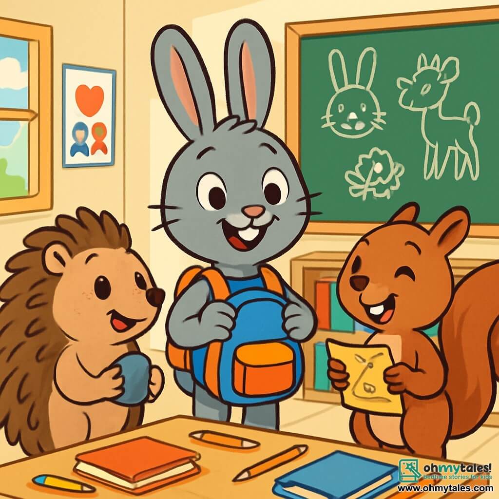 A young gray rabbit named Benny, with long ears and sparkling curious eyes, stands at the center of the scene, a wide smile on his face, holding a small colorful backpack. Next to him is a hedgehog named Poppy, with soft spines and bright excited eyes, holding a shiny pebble in her paws, looking at Benny with admiration. A squirrel named Finley, with brown fur and a bushy tail, stands slightly back, laughing joyfully while holding a small class map. The setting is a bright and welcoming classroom, with cream-painted walls, sunlight streaming through the windows, and colorful posters about learning and friendship. In the background, shelves overflow with brightly covered books. The main situation shows Benny, Poppy, and Finley happily discussing their expectations for the new school year, surrounded by vibrant school supplies and a blackboard filled with animal drawings.