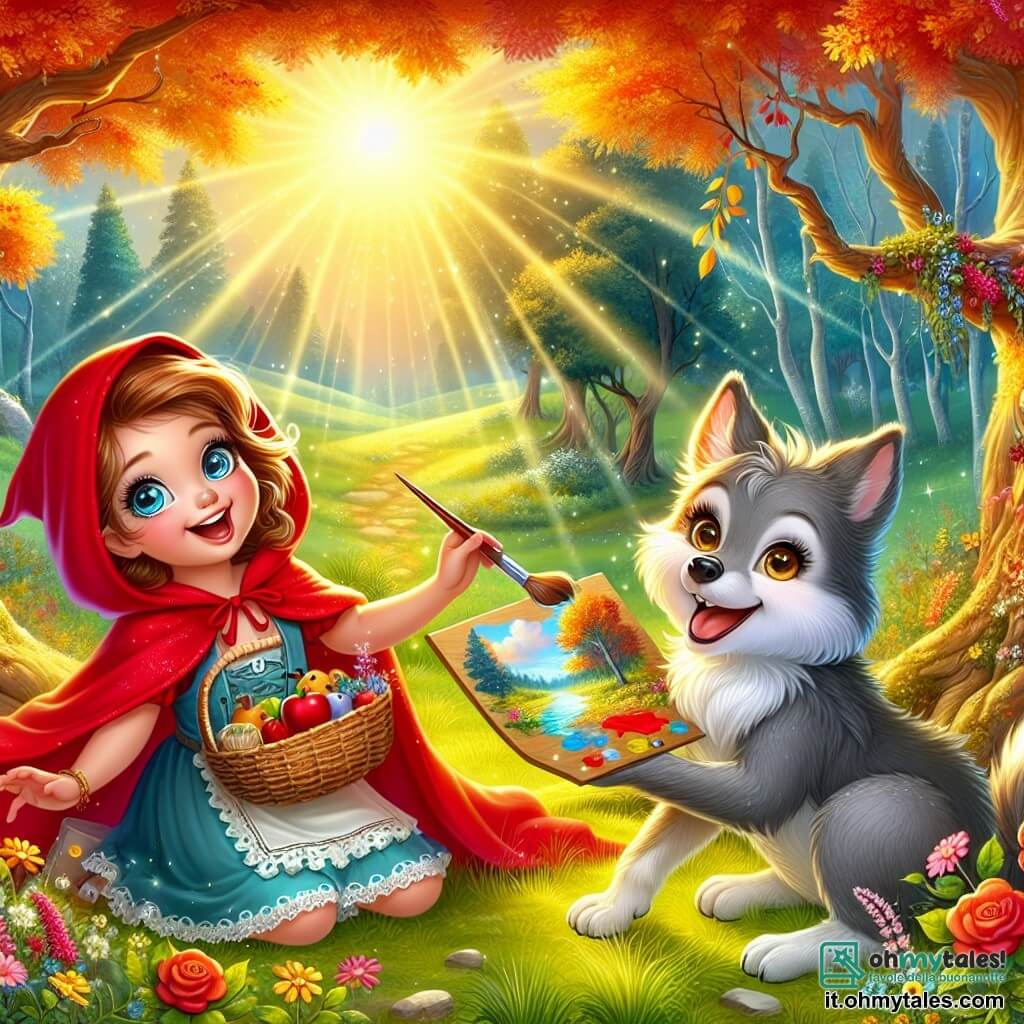 Il Piccolo Cappuccetto Rosso, una bambina gioiosa di circa 8 anni, indossa un mantello rosso brillante che brilla sotto il sole. Il suo viso è illuminato da un grande sorriso e i suoi occhi scintillano di eccitazione mentre tiene un cesto pieno di dolcetti. Accanto a lei, un lupo amichevole, con pelliccia grigia e occhi dolci, sta dipingendo un magnifico paesaggio su una tela, seduto sull'erba verde. La scena si svolge in una radura incantata, circondata da alberi maestosi con foglie dorate, e fiori colorati che danzano al vento. I raggi di sole filtrano tra i rami, creando un'atmosfera magica e calorosa. La situazione principale mostra Cappuccetto Rosso e il lupo, uniti nella loro creatività, mentre condividono un momento gioioso, celebrando l'amicizia e l'arte, circondati dalla bellezza della natura.
