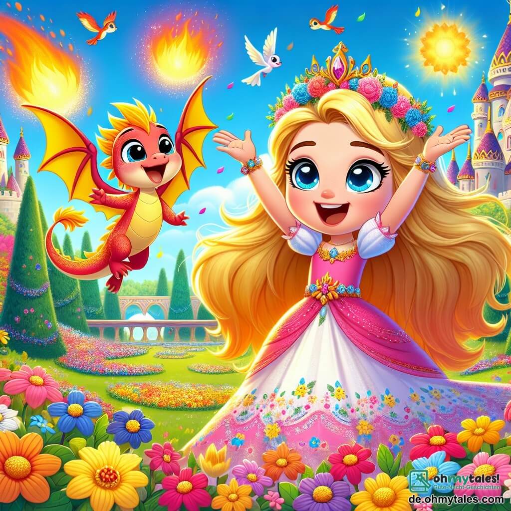 Die Prinzessin Elara, ein etwa 12-jähriges Mädchen, steht im Mittelpunkt des Bildes. Sie hat lange, goldene Haare, die in der Sonne glänzen, und trägt ein rosa Kleid, das mit bunten Blumen verziert ist. Ihr Gesicht zeigt eine fröhliche Entschlossenheit, während sie die Arme zum Himmel hebt, umgeben von strahlenden Farben, die in ihr Königreich zurückkehren. An ihrer Seite befindet sich Flamme, ein kleiner Drache mit roten und gelben Schuppen, der begeistert mit den Flügeln schlägt und mit funkelnden Augen die Szene bewundert. Im Hintergrund erstreckt sich ein wunderschöner königlicher Garten, gefüllt mit bunten Blumen, großen grünen Bäumen und einem strahlend blauen Himmel, der mit weißen Wolken gesprenkelt ist. Vögel singen und fliegen um sie herum und tragen zur festlichen Atmosphäre bei. Die Hauptsituation zeigt Elara und Flamme, die die Rückkehr der Farben in ihr Königreich feiern, nachdem sie den bösen Malakar besiegt haben. Die lebendigen Farben und die Freude der umgebenden Natur symbolisieren Wiedergeburt und Hoffnung, während Lachen und Gesang in der Luft erklingen.