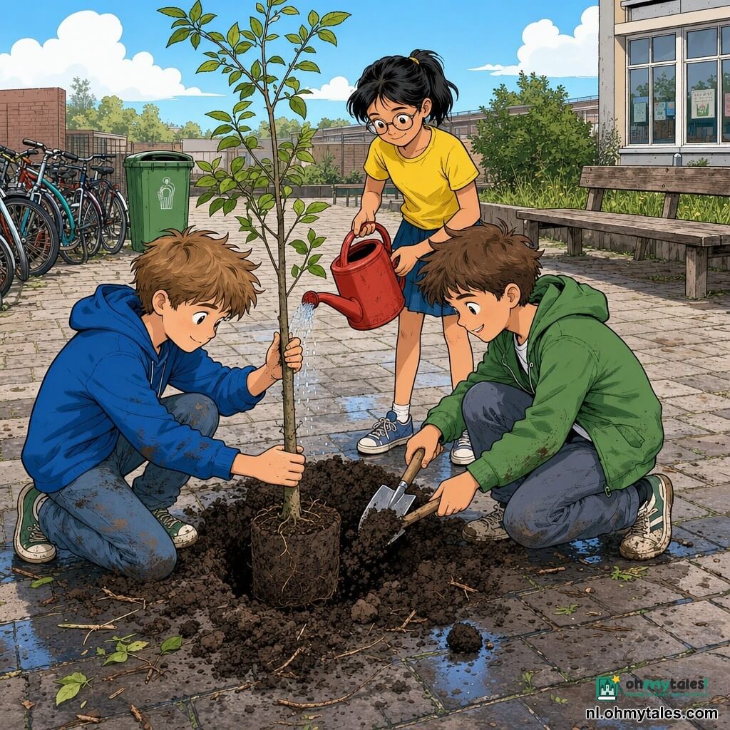 Drie kinderen van ongeveer 11 jaar planten samen een jonge boom op een klein schoolplein: Milo, een jongen met lichtbruin warrig haar en nieuwsgierige ogen, in een blauw sweat en een met aarde bevlekt spijkerbroek, houdt het boomstammetje links; Bram, een jongen met bruin onstuimig haar en een ondeugende glimlach, in een groene jas en modderige schoenen, staat rechts met een houten schep en schept aarde in het gat; Noor, een meisje met zwart haar in een staart en ronde bril, in een gele rok en t‑shirt, staat achter het gat met een rood gietertje klaar om te water geven; op de achtergrond een klein verhard schoolplein met versleten houten bankjes, een strook gras, fietsen en een grote groene afvalbak, de grond licht vochtig met kluiten en takjes, helder weer met wat wolken, samentrekkende, vrolijke en collaboratieve sfeer met warme kleuren en gedetailleerde texturen van aarde, hout en kleding.