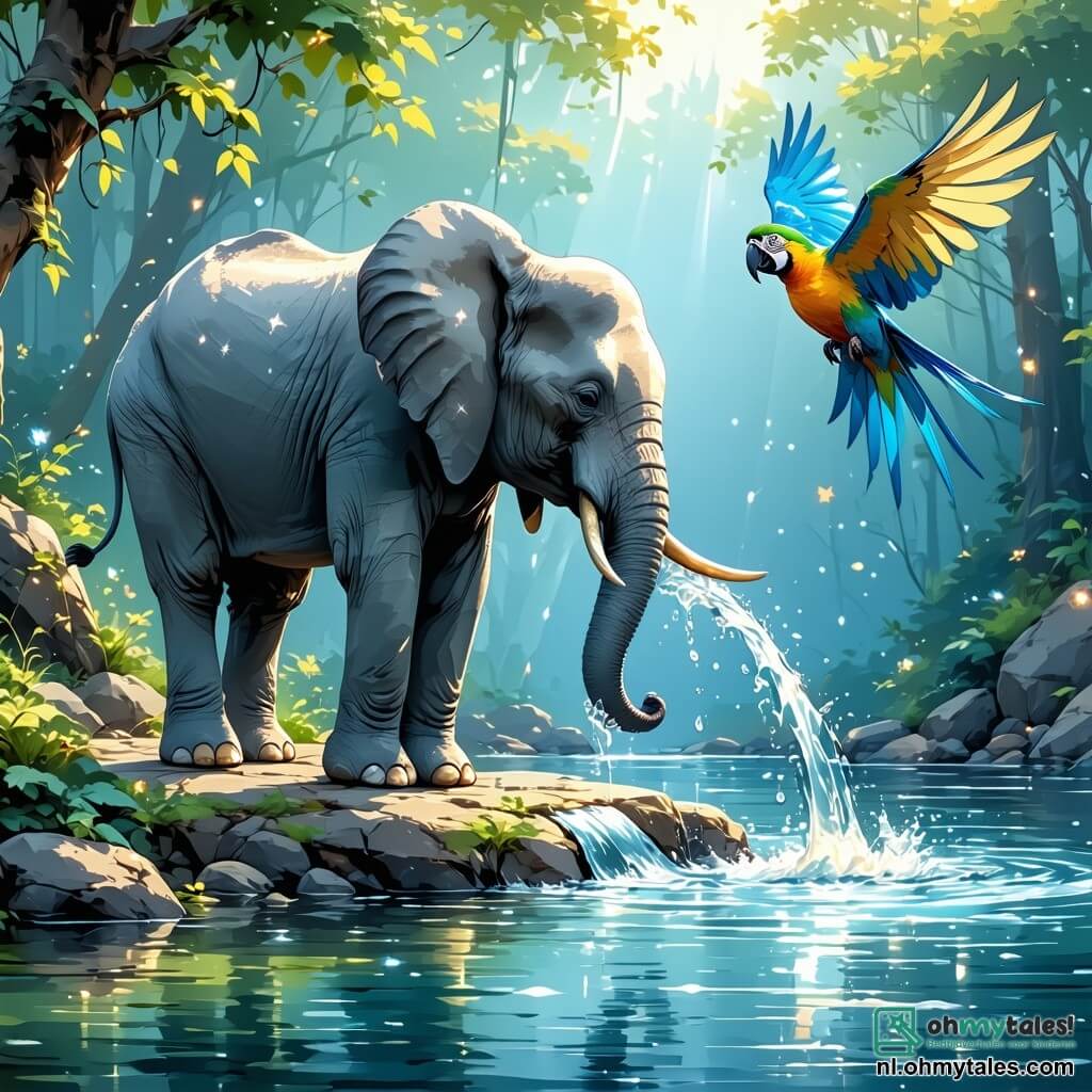 Een majestueuze olifant genaamd Elara, met een grijze huid en grote oren, staat aan de oever van een glinsterende rivier, haar blik vastberaden en vol hoop. Haar ogen stralen als sterren en ze gebruikt haar slurf om het water aan te raken, alsof ze het mysterie ervan probeert te begrijpen. Naast haar vliegt Kiki, een kleine kleurrijke papegaai met stralende blauwe en groene veren, vrolijk om Elara heen, met uitgespreide vleugels, zingend om haar vriendin aan te moedigen. Nuru, een jonge schildpad met een groene en bruine schild, staat op de oever en kijkt nieuwsgierig toe, haar ronde ogen vol verwondering. De achtergrond is een weelderig bos met majestueuze bomen met dikke stammen en stralend groene bladeren, terwijl een zachte gouden lichtstraal door het loof filtert en de scène verlicht. De rivier, ooit vol leven, is nu half uitgedroogd, met enkele vissen die wanhopig in de overgebleven plassen springen. De hoofdscène toont Elara, Kiki en Nuru verenigd in hun zoektocht om te begrijpen waarom de rivier opdroogt, wat vriendschap en vastberadenheid symboliseert in het aangezicht van tegenspoed.