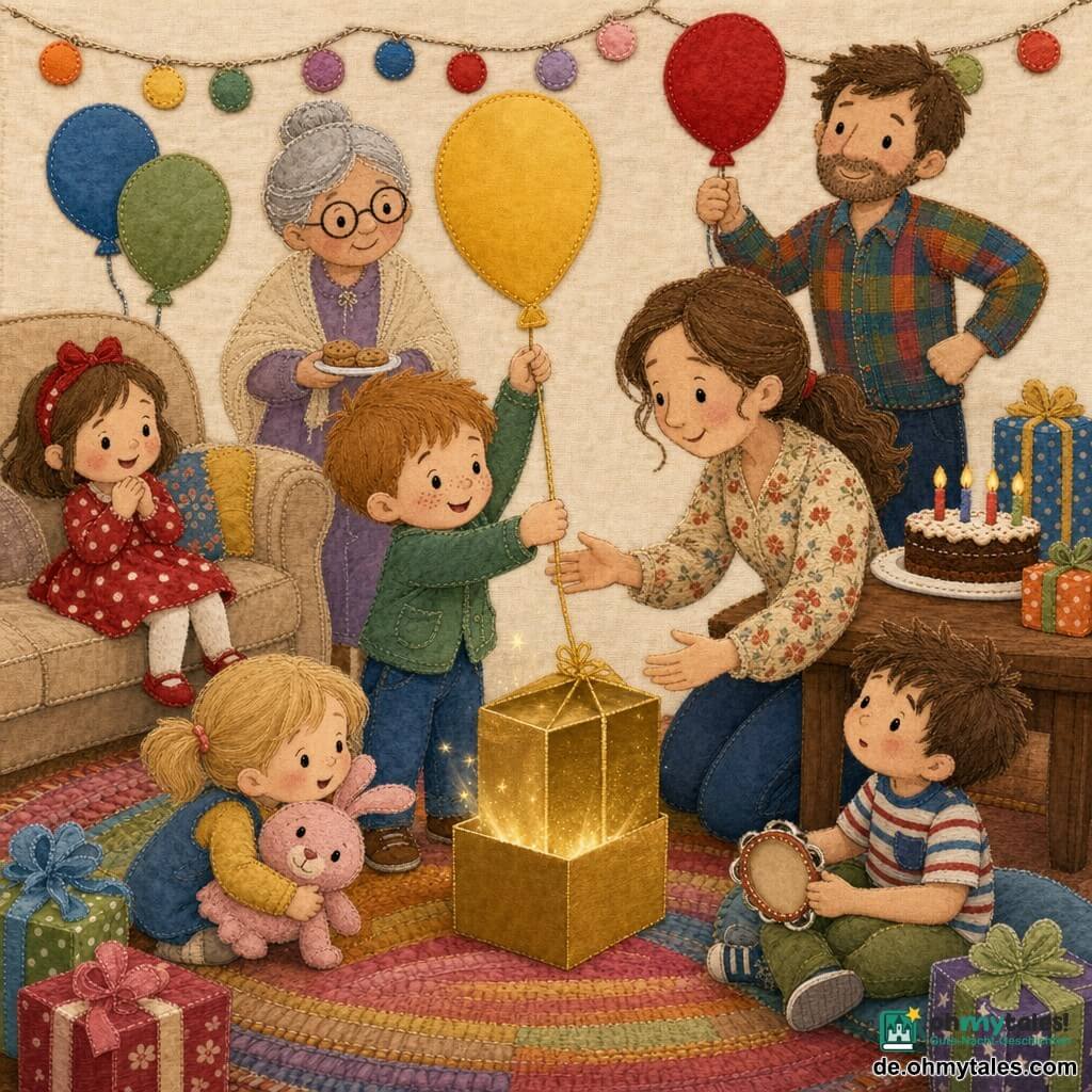 Ein etwa vierjähriger Junge mit kurz hellbraunen Haaren, rundem Gesicht und Sommersprossen, erstaunt und freudig, hält an einem Band einen gelben Ballon und entdeckt darunter eine kleine goldene Schachtel; links auf dem Sofa lächelt die etwa vierjährige Mia mit rotem Haarband und rot-weiß gepunktetem Kleid, rechts sitzt Tom, etwa vier, mit zerzausten braunen Haaren und gestreiftem T-Shirt, hält eine kleine Tamburin und schaut neugierig, Leni, etwa vier, mit blonden Zöpfen umklammert einen rosa Kuschelhasen und hockt nahe dem Teppich vor der goldenen Schachtel; die Mutter (ca. 30–35) mit zusammengebundenen langen Haaren und Blumenbluse kniet neben dem Jungen, bereit zu helfen, der Vater (ca. 30–35) mit Stoppelbart und buntem Hemd steht hinter dem Tisch mit einem roten Ballon in der Hand, spielerische Robotergeste, die Großmutter (ca. 60–70) mit runden Brillen und hellem Tuch hält einen kleinen Keks Teller und blickt wohlwollend; gemütliches Wohnzimmer mit buntem Teppich, mehrfarbigen Lichterketten, beigem Sofa, Holzcouchtisch mit Kuchen und vier Kerzen, schwebenden Ballons und Geschenkpaketen; Hauptszene: magischer, warmer Moment, in dem der Junge den gelben Ballon hebt und eine glänzende goldene Schachtel enthüllt, die Kinder sich staunend nähern, festliche Atmosphäre, kräftige Farben und sichtbare genähte Texturen (Filz, bedruckte Stoffe, sichtbare Nähte).