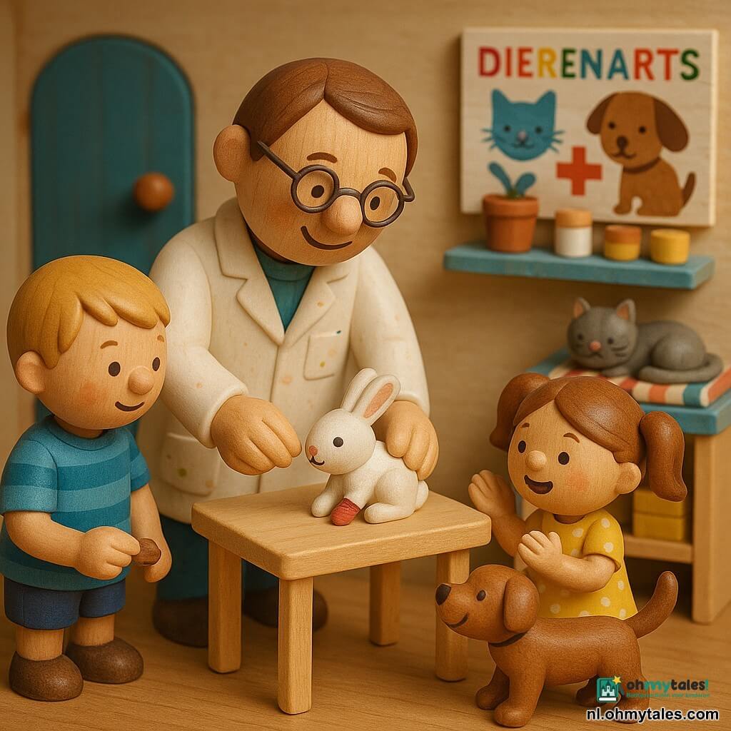 Een vriendelijke, glimlachende dierenarts met kort bruin haar en ronde bril in een witte blouse houdt voorzichtig Snuffie, een gebrokenwitte houten konijn met een rood pleister op een poot, op een licht houten onderzoekstafeltje; links kijkt een aandachtige jongen van ongeveer 6 jaar met kort blond haar en een blauw gestreept T‑shirt en houdt een houten snoepje, rechts staat een ongeveer 5‑jarig meisje met kastanjebruin haar in twee staartjes en een gele stippenjurk applauderend bij een bruin houten hondje dat met zijn staart kwispelt; op een plank achteraan ligt Luna, een grijs houten katje op een gestreept kussentje; de miniatuurkliniek is van hout met een blauwe deur, een rood bloempotje in het raam, planken met potjes en geel geschilderde hooi‑pakjes en een kleurige poster “Vétérinaire” aan de muur; warme sfeer, pastelkleuren, gepolijste houttexturen en zachte schaduwen.