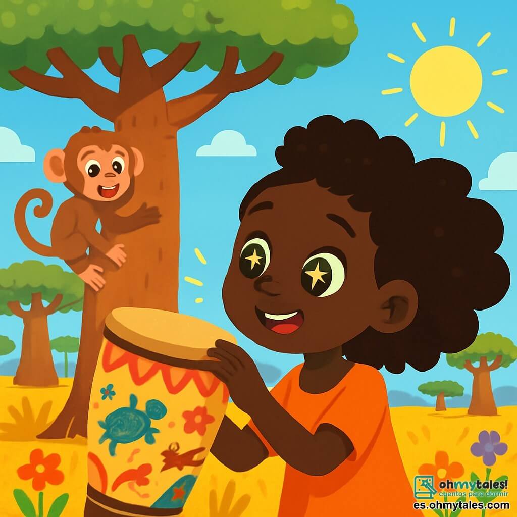 Fatou, una joven con ojos brillantes como estrellas, se encuentra cerca de un baobab gigante. Su rostro irradia curiosidad y asombro, mientras su cabello rizado flota suavemente en el viento cálido. Toca un antiguo tambor, decorado con dibujos vibrantes de animales y estrellas, con una expresión de fascinación. Cerca, un pequeño mono travieso, de unos 3 años, trepa por una rama baja del baobab, observando a Fatou con ojos chispeantes de picardía. El paisaje es una sabana dorada, salpicada de majestuosos baobabs, bajo un cielo azul brillante, donde el sol brilla intensamente. El suelo está cubierto de hierba dorada y flores coloridas que bailan al ritmo del viento. La escena principal muestra a Fatou, asombrada, descubriendo el tambor mágico que parece vibrar de energía, mientras el mono se divierte imitando el sonido del tambor, creando una atmósfera alegre y llena de misterio.