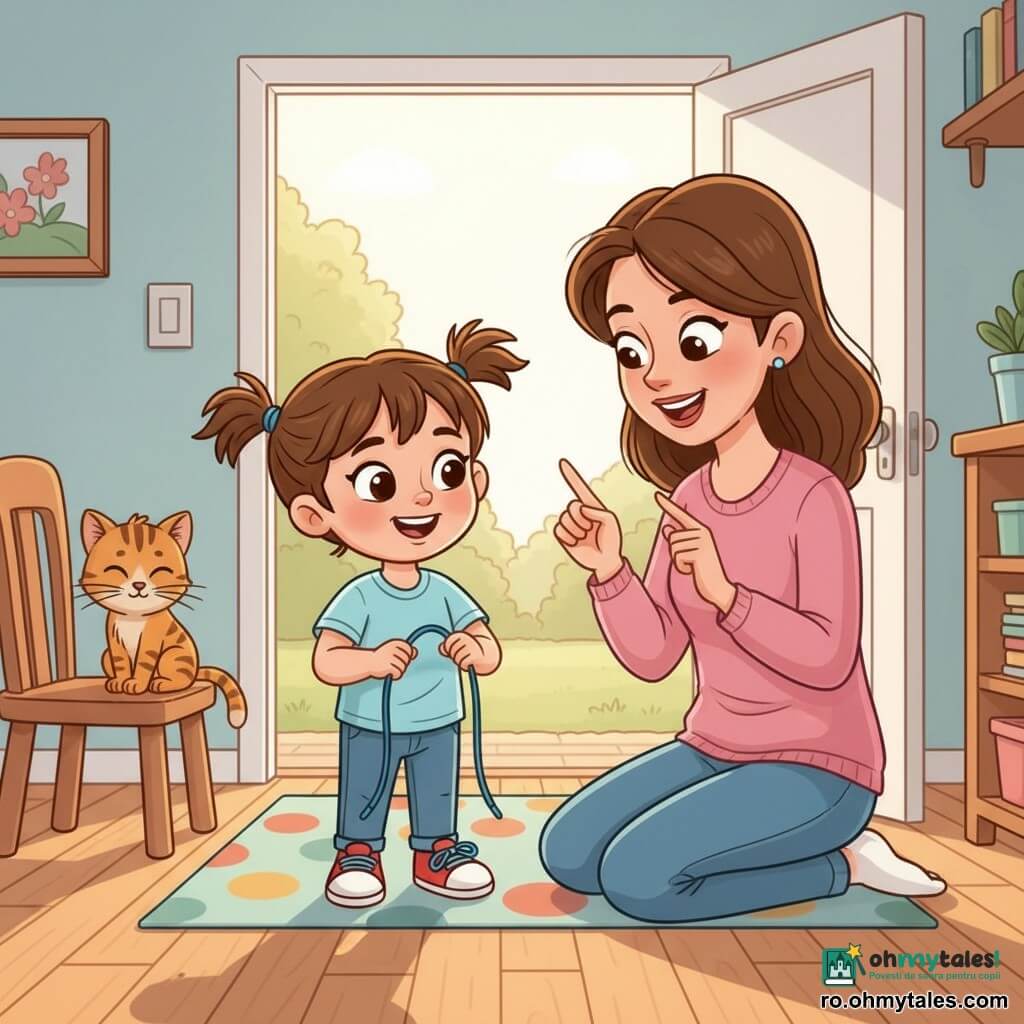 Fetiță de 4 ani, fericită și concentrată, cu părul șaten în două cozi mici, încearcă să-și lege pantofii cu un șiret albastru; mama (≈30–35 ani), zâmbitoare și blândă, ghemuită lângă ea, îi arată cu degetul și o privește cu afecțiune în timp ce aplaudă ușor; în fundal, o pisică tigrată se freacă de un scaun; loc: hol luminos de dimineață cu parchet deschis, covoraș cu buline și ușa de la intrare deschisă lăsând să pătrundă un răsărit auriu; moment: buclă făcută, nod aproape format, expresie de mândrie timidă, atmosferă caldă, culori pastelate și contururi moi.