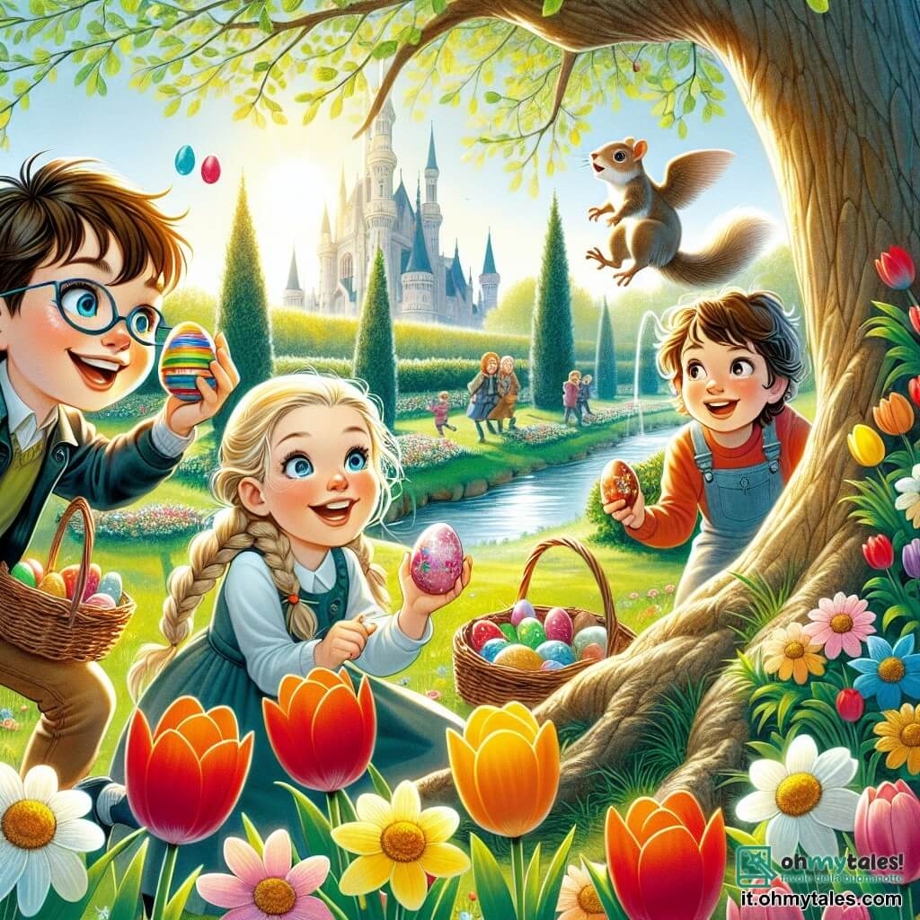 In un parco soleggiato, quattro bambini sono impegnati nella caccia alle uova di Pasqua. Marco, un ragazzo di otto anni con capelli castani e occhi vivaci, è accovacciato vicino a un grande albero, tenendo un uovo colorato tra le mani. A destra, Giulia, una ragazza di sette anni con capelli biondi e trecce, sorride scoprendo un uovo nascosto sotto un cespuglio fiorito. Più in là, Tommaso, un ragazzo di nove anni con occhiali e capelli castani, imita il canto di un uccello, attirando l'attenzione di uno scoiattolo curioso. Infine, Luca, un ragazzo di otto anni con capelli neri arruffati, si piega vicino al ruscello, meravigliato da un uovo brillante che ha appena trovato. Il parco è pieno di fiori colorati e un ruscello scintillante attraversa il paesaggio, mentre un grande albero maestoso offre ombra ai bambini. L'atmosfera è gioiosa e festosa, con i bambini che ridono e si divertono nella loro ricerca.