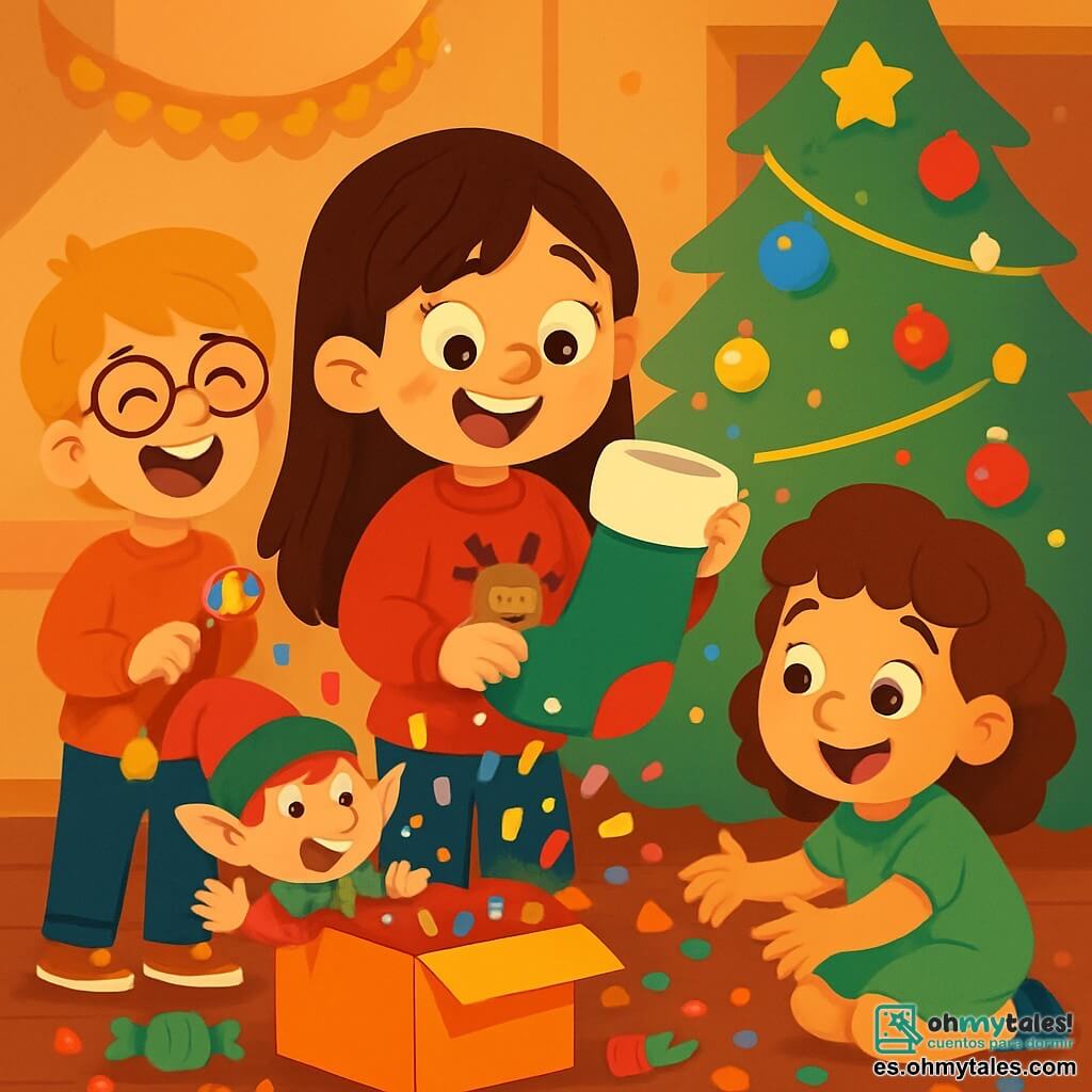 Hay 3 personajes: - Martina: una niña de 8 años, con largos cabellos castaños y ojos brillantes. Lleva un suéter rojo con un reno y sostiene un gran calcetín de Navidad en sus manos, sonriendo con asombro. - Nico: un niño de 7 años, con cabello rubio desordenado y gafas redondas. Está riendo, con un caramelo colorido en la mano, de pie junto a Martina. - Lucía: una niña de 6 años, con cabello rizado y un vestido verde. Está agachada, recogiendo confeti brillante que cae a su alrededor, con una gran sonrisa en el rostro. El lugar es una sala festiva, llena de un gran árbol de Navidad iluminado con luces brillantes y decoraciones coloridas. Guirnaldas doradas serpentean por las paredes, y el suelo está cubierto de caramelos y confeti. Hay una atmósfera cálida y alegre en la habitación, con sombras danzantes creadas por las luces del árbol. La situación principal muestra a los tres niños riendo y divirtiéndose juntos, rodeados de la magia de la Navidad, mientras descubren una caja sorpresa llena de confeti y golosinas, con una pequeña figura de un duende travieso que los observa con una sonrisa pícara.