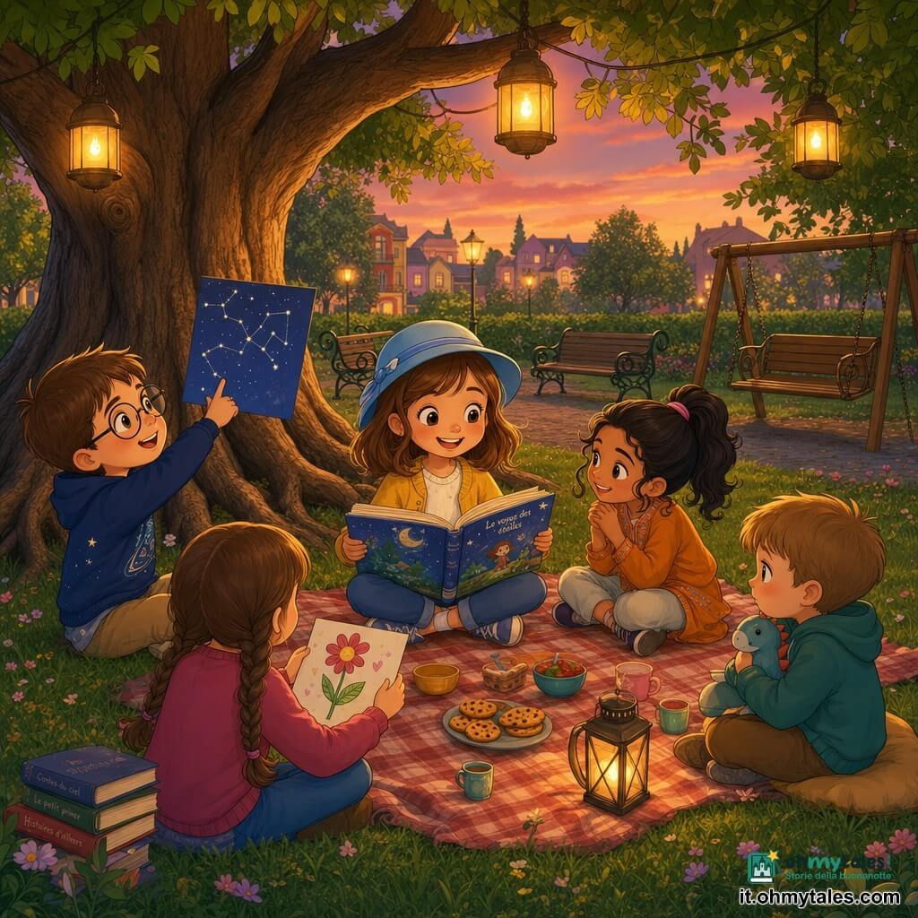 Lina, 6 anni, sorridente e serena con un piccolo cappello azzurro e capelli castani alle spalle, è seduta sotto un grande albero e tiene un libro illustrato aperto sulle ginocchia mentre racconta una storia; a sinistra Matteo, circa 7 anni, pelle chiara e occhiali rotondi, mostra una pagina con costellazioni guardando il cielo; a destra Noor, 6 anni, di origine medio-orientale con pelle olivastra e capelli scuri raccolti, ascolta sorridendo avvolta in una coperta; di fronte Giulia, 6 anni, pelle chiara e trecce brune, tiene un disegno di fiore; Tommaso, 6 anni, pallido e timido, stringe un piccolo giocattolo e guarda Lina con fiducia ritrovata; il gruppo è riunito in cerchio su una coperta a quadri sotto un grande quercia al crepuscolo, con lanterne che diffondono luce dorata, piccoli piatti e biscotti accanto e case colorate sfocate sullo sfondo, atmosfera calda e conviviale.