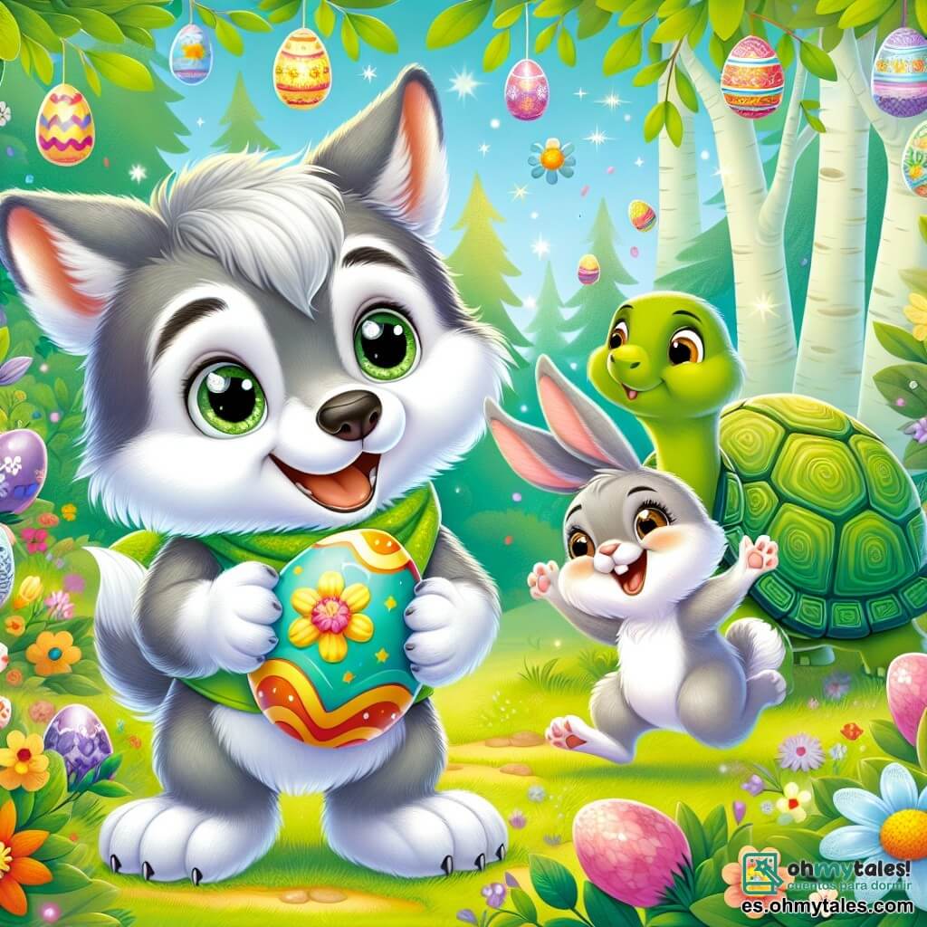 Ilustración que representa a un pequeño lobo, un niño de ojos brillantes y pelaje gris y blanco, que sonríe con entusiasmo mientras sostiene un huevo de Pascua colorido entre sus patas. Está de pie sobre sus patas traseras, listo para compartir su descubrimiento. A su lado, un pequeño conejo, un niño de grandes orejas y pelaje blanco, salta de alegría, con los ojos brillantes de emoción, levantando las patas delanteras como si aplaudiera. Un poco más lejos, una majestuosa tortuga, una anciana con un caparazón verde adornado con motivos florales, sonríe con benevolencia, observando la escena con orgullo. El lugar principal es un claro soleado del Bosque de los Sueños, rodeado de árboles de hojas verdes brillantes y flores coloridas que bailan suavemente al viento. Guirnaldas de flores y decoraciones de Pascua cuelgan de las ramas, creando un ambiente festivo y alegre. La situación principal de la historia muestra al pequeño lobo y sus amigos celebrando el descubrimiento de los huevos de Pascua, rodeados de risas y alegría, listos para compartir su felicidad con todos los habitantes del bosque. Otros elementos gráficos útiles incluyen huevos de Pascua decorados con motivos coloridos esparcidos a su alrededor, rayos de sol filtrándose a través de los árboles y mariposas revoloteando en el aire, añadiendo un toque mágico a esta escena primaveral.