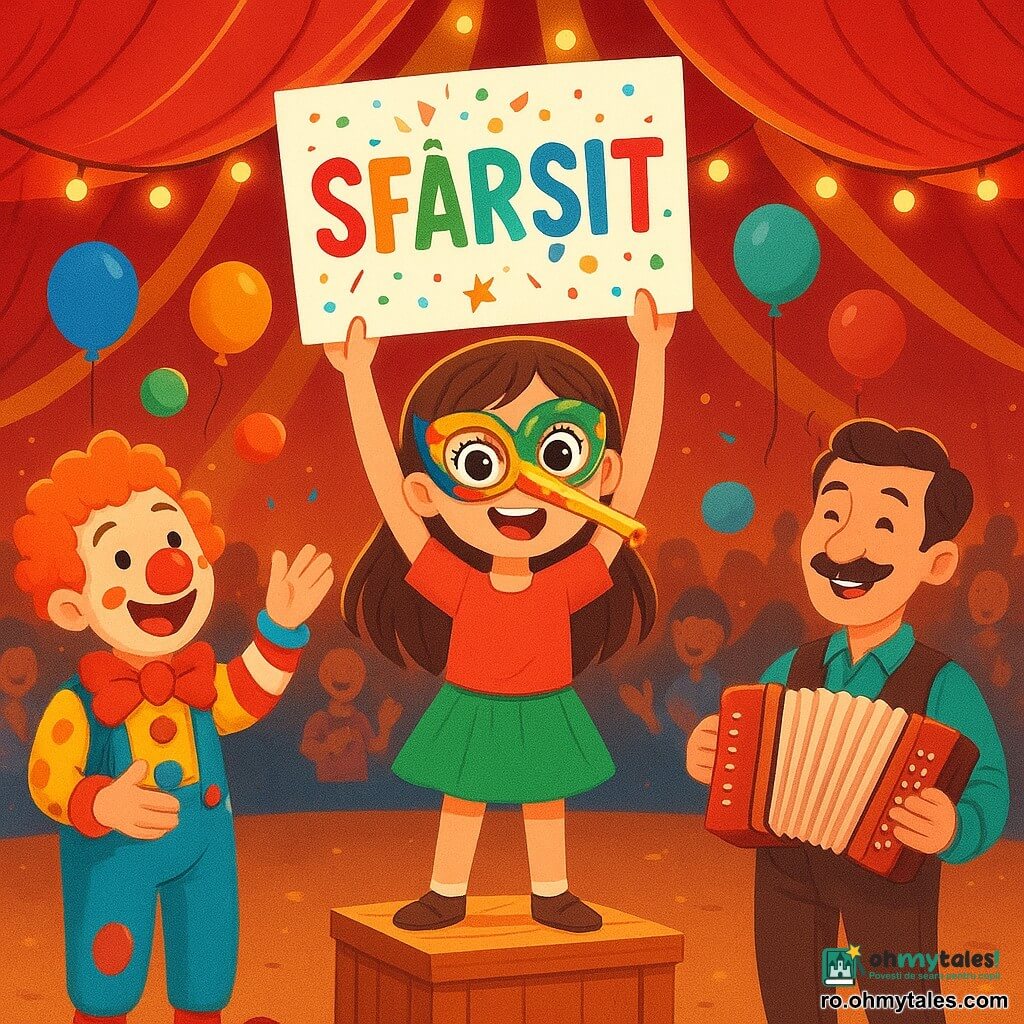 O fetiță de 8 ani, Sara, cu ochi mari și strălucitori și un zâmbet radiant, poartă o mască colorată cu un nas lung în formă de trompetă. Ea ține un panou decorat cu culori vii și sclipici, stând pe o cutie de lemn, plină de entuziasm și mândrie. Lângă ea, un clown vesel, de aproximativ 30 de ani, cu părul creț și o mustață mare, jonglează cu bile multicolore, râzând și aplaudând energia Sarei. Un muzician, un bărbat de cincizeci de ani cu o mustață subțire și un zâmbet cald, cântă la acordeon, creând o melodie antrenantă. Scena are loc sub un mare cort de circ, cu culori roșii și galbene strălucitoare, iar lumini sclipitoare iluminează solul de pământ bătut. Balonașe plutesc în aer, iar spectatorii uimiți aplaudă și râd. Sara, plină de bucurie și creativitate, ridică panoul "FIN" deasupra capului, înconjurată de prietenii ei, celebrând împreună spectacolul lor magic, plin de râsete și culori.