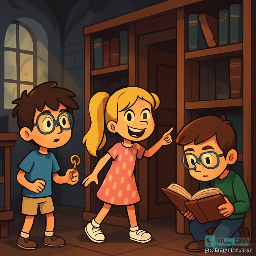 Há 3 personagens: Miguel, um garoto de 9 anos com cabelos castanhos bagunçados e óculos redondos, vestindo uma camiseta azul e um short bege, segurando uma pequena chave dourada e olhando curioso ao redor; Sofia, uma menina de 9 anos com cabelos longos e loiros presos em duas tranças, vestindo um vestido rosa de bolinhas e tênis brancos, apontando para uma porta secreta com um grande sorriso; e Lucas, um garoto de 9 anos com cabelos castanhos e óculos quadrados, vestindo um suéter verde e jeans, examinando atentamente um livro antigo. Os três amigos estão em uma biblioteca escura e misteriosa, cheia de estantes de madeira carregadas de livros antigos, com sombras dançando nas paredes e uma luz suave filtrando através de uma janela empoeirada, iluminando a cena. A situação principal mostra as crianças descobrindo uma porta secreta atrás de uma estante, com expressões de surpresa e aventura em seus rostos, prontas para explorar o que se esconde atrás, cercadas de livros e mistérios.