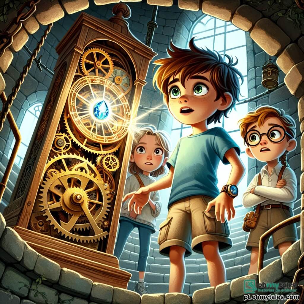 Um garoto de 12 anos, Lucas, está no topo de uma antiga torre, com cabelos castanhos bagunçados e olhos cheios de curiosidade. Ele usa uma camiseta azul e um short bege, e seu rosto expressa uma mistura de empolgação e um toque de preocupação enquanto observa um mecanismo de relógio misterioso à sua frente. Ao seu lado, Sofia, uma menina de 11 anos com cabelos loiros trançados, observa com admiração a pedra brilhante incrustada no mecanismo, seus olhos iluminados de fascinação. Um pouco afastado, Tomás, um garoto de 12 anos com óculos redondos e cabelos castanhos, cruza os braços com uma expressão cética, mas seu olhar revela seu interesse pela aventura. A cena se passa em uma velha torre de pedra, com paredes cobertas de hera e escadas em espiral que levam a uma sala cheia de engrenagens, iluminada por uma luz suave que emana da pedra mágica. No centro da sala, o grande mecanismo do velho relógio gira lentamente, criando uma atmosfera de mistério e excitação. A situação principal mostra Lucas, Sofia e Tomás descobrindo juntos o segredo do velho relógio, prontos para ativar o portal mágico que pode levá-los a aventuras extraordinárias.