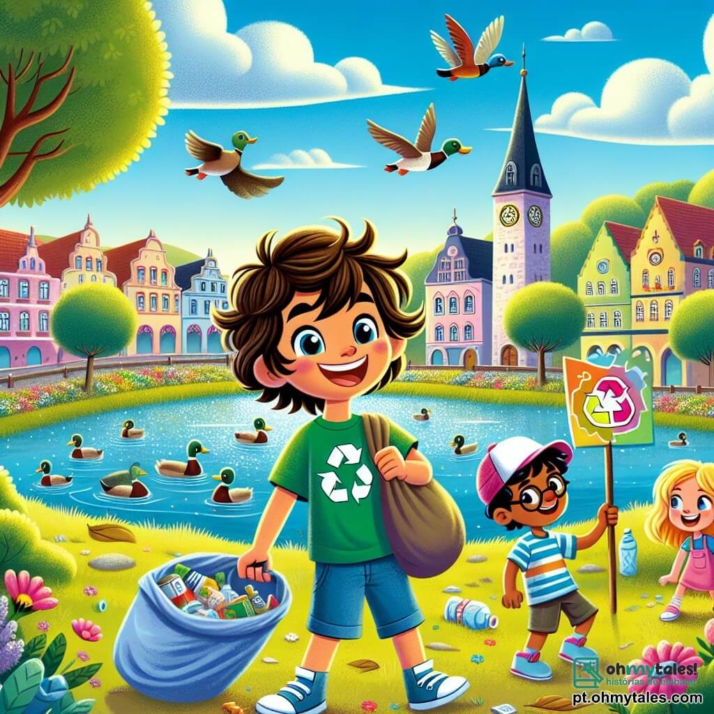 Um garoto de 8 anos, Miguel, com cabelos castanhos bagunçados e um grande sorriso feliz, usa uma camiseta verde e um short azul. Ele está recolhendo lixo em uma bela pradaria, cercado por flores coloridas e árvores majestosas. Ao lado dele, sua melhor amiga Ana, uma menina de 8 anos com cabelos longos e loiros, usa um boné rosa e segura um saco de reciclagem, olhando para Miguel com entusiasmo. Um pouco mais longe, Pedro, um garoto de 8 anos com cabelos negros e óculos redondos, ergue um cartaz colorido que diz "Cuidar da natureza é cuidar da gente!" enquanto sorri orgulhosamente. A cena acontece em uma charmosa praça de vila, com um lago cintilante e patos nadando tranquilamente, sob um céu azul salpicado de nuvens brancas. Miguel e seus amigos estão limpando a praça, rindo e se incentivando mutuamente, criando uma atmosfera de camaradagem e alegria.