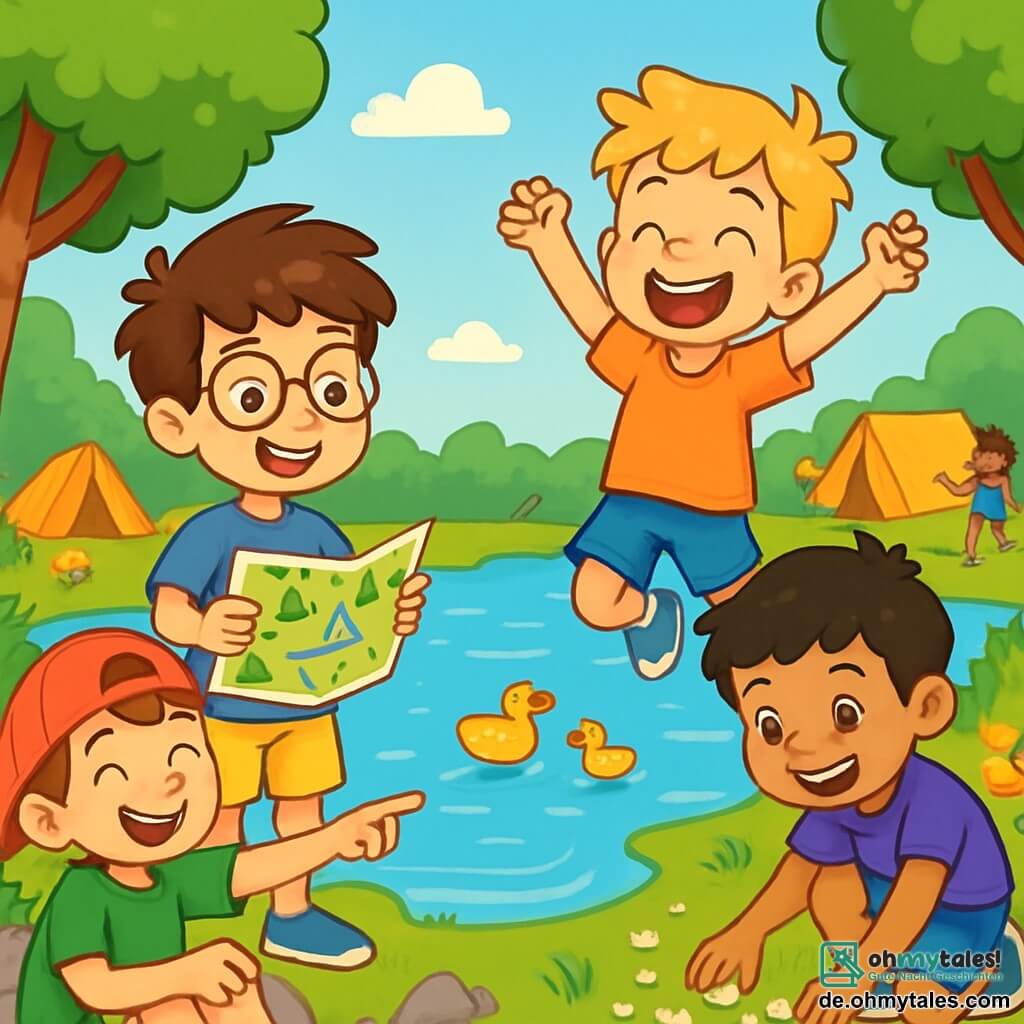 Es gibt 4 Kinder: - Paul: ein 8-jähriger Junge mit zerzausten braunen Haaren und runden Brillen. Er trägt ein blaues T-Shirt und eine gelbe Shorts. Er steht lächelnd und hält eine Karte des Camps in den Händen. - Leo: ein 9-jähriger Junge mit einer roten Cap und Sommersprossen auf der Nase. Er trägt ein grünes T-Shirt und eine gestreifte Shorts. Er sitzt auf einem Felsen, lacht und zeigt mit dem Finger auf das Wasser. - Max: ein 8-jähriger Junge mit blonden Haaren und funkelnden Augen. Er trägt ein oranges T-Shirt und eine blaue Shorts. Er springt in die Luft, die Arme hoch, voller Energie. - Jonas: ein 8-jähriger Junge mit schwarzen Haaren und einem breiten Lächeln. Er trägt ein lila T-Shirt und eine Jeans-Shorts. Er hockt und sammelt Muscheln vom Boden. Der Ort befindet sich am Ufer eines glitzernden Sees, umgeben von großen grünen Bäumen und bunten Blumen. Der Himmel ist blau mit einigen flauschigen weißen Wolken, und man kann Enten sehen, die friedlich im Wasser schwimmen. Im Hintergrund gibt es bunte Campingzelte und spielende Kinder. Die Hauptsituation zeigt die vier Freunde, die am See Spaß haben, lachen und zusammen spielen. Paul zeigt die Karte, während Leo auf das Wasser deutet, Max vor Freude springt und Jonas Muscheln sammelt, was eine fröhliche und lebendige Atmosphäre schafft.