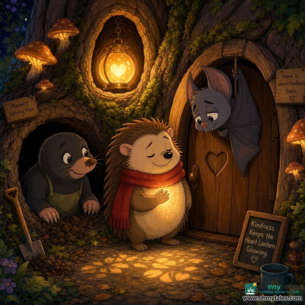 Pip, a small round fluffy hedgehog with soft quills and a big red scarf, looks relieved and sleepy with half-closed eyes and a paw on his chest where a warm, dim glow like a tiny lamp flickers; a gray bat with tired big eyes hangs at the doorway of the sapwood, kindly tilting its head toward Pip; Mabel the mole, compact with a pointed snout and dirt on her nose, smiles gently from the shadow of the burrow entrance slightly left, ready to support him; the Old Oak fills the background with a gnarled trunk, a small round wooden door, polished glowing mushrooms and green moss, warm light seeping through cracks; the Heart Lantern hangs in a cavity of the oak as an amber-glass orb emitting a soft honey-like golden light that casts leaf patterns on the ground; main scene: Pip softly asks the Heart Lantern to dim its light—calm, gentle, slightly humorous bedtime scene with centered composition, warm pastel tones, textured fur, veined wood and moss, slow gestures and a reassuring nocturnal atmosphere.