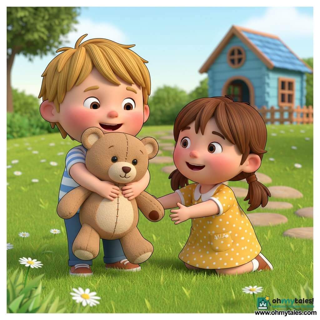 A 2-year-old boy with a round face, rosy cheeks and short messy blond hair, happily relieved as he clutches a large light brown teddy bear with visible seams; a 3-year-old girl named Mia with brown pigtails in a yellow polka-dot dress crouches beside him, smiling and reaching for the bear; the teddy has textured soft fur, shiny black eyes, a small sewn nose and slight wear on one paw; they are in a sunny garden with green grass, white daisies, a small blue wooden playhouse and a round-stone path, having just found the lost bear—centered composition, bright colors, warm late-morning sunlight.