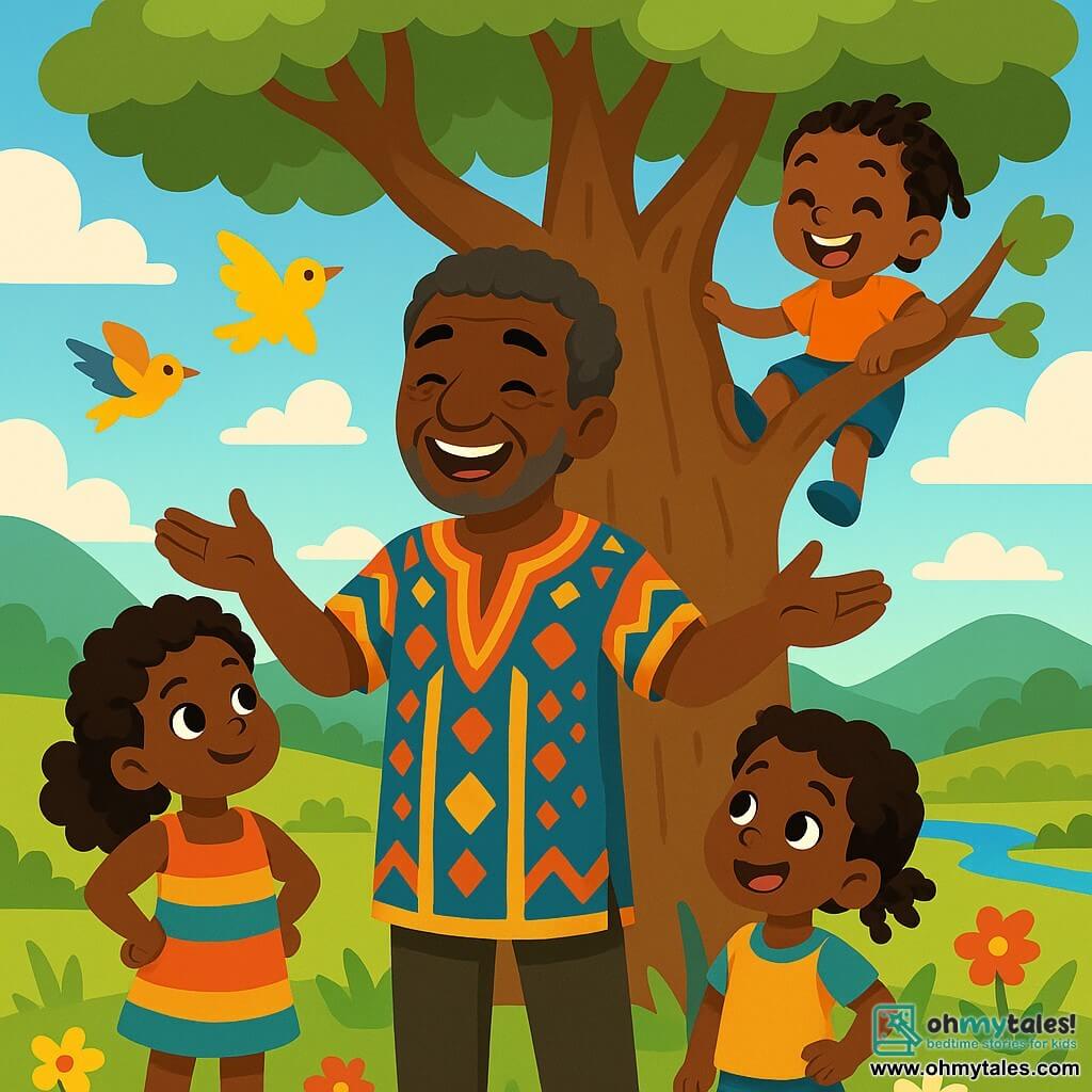 A man named Kofi, around 40 years old, stands under a large baobab tree, his face radiant with joy and wisdom. He has black hair sprinkled with gray, warm brown skin, and wears a traditional tunic with colorful patterns. Kofi smiles widely, arms open, as if welcoming nature. Beside him, an 8-year-old girl with curly hair and sparkling eyes listens attentively. She wears a light dress in bright colors and stands near Kofi, hands on her hips, full of enthusiasm. A 7-year-old boy with a mischievous smile and braids climbs a low branch of the baobab, laughing joyfully. The setting is a lush valley bathed in golden light, with colorful flowers and singing birds flying around them. In the background, gentle hills rise under a bright blue sky dotted with fluffy white clouds. The main scene shows Kofi sharing stories with the children, inviting them to listen to the whispers of nature, while sparkling rivers in the distance symbolize the renewed harmony between humans and the earth.