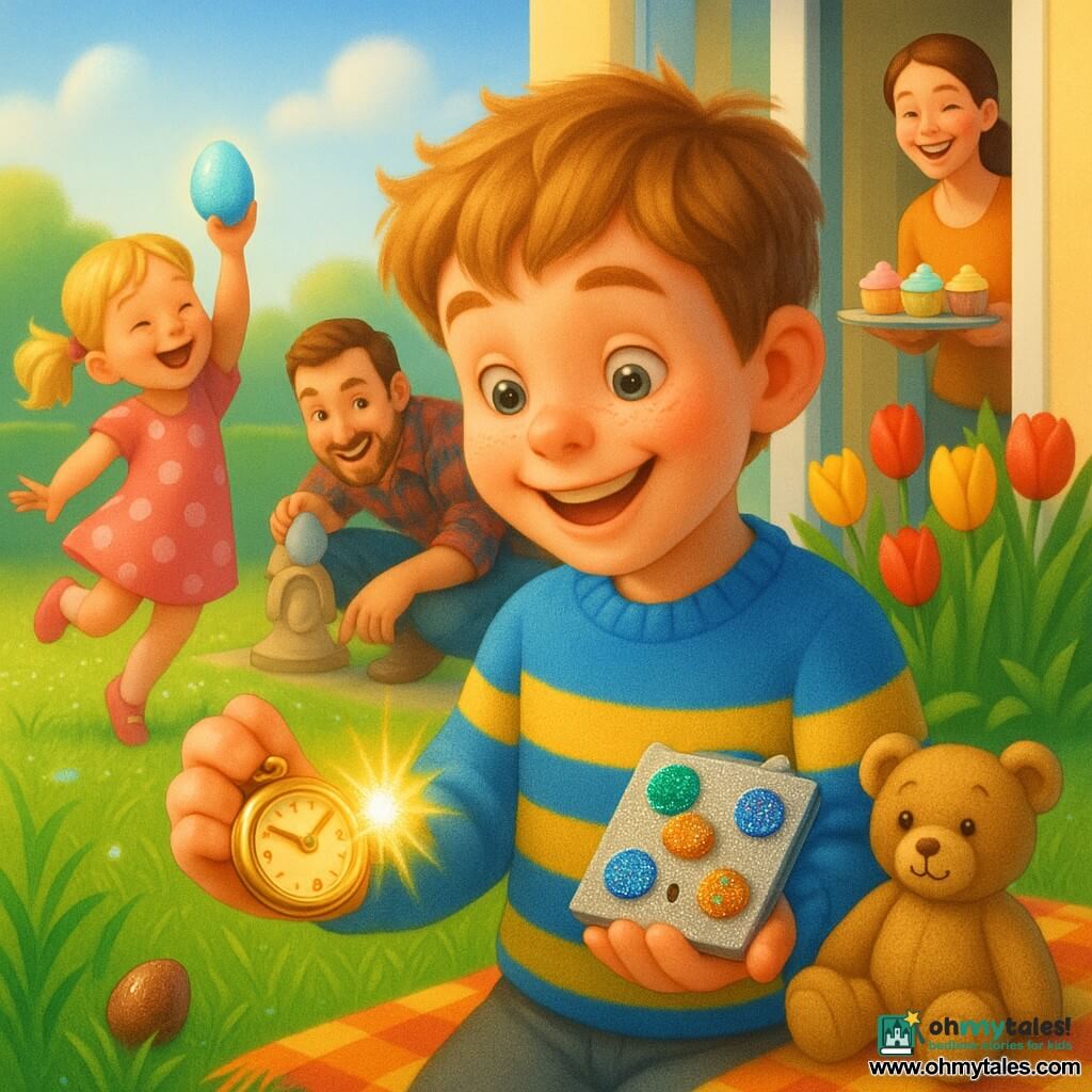 An enthusiastic 8‑year‑old boy with a round freckled face and messy light brown hair in a blue-and-yellow striped sweater holds a small handmade painted metal clock with glittery buttons and looks at a shiny golden watch in his hand; his 5‑year‑old sister, joyful with blonde pigtails and a pink polka‑dot dress, jumps on the lawn to his left reaching for a bright blue egg; their father, about 35, smiling with a short beard and a plaid shirt, crouches by a tulip bed to the right pointing to an egg hidden under a garden statue; their mother, about 33, gentle and laughing with tied brown hair, stands by the kitchen patio door holding a tray of pastel cupcakes; a slightly worn light brown teddy bear named Toby sits on a plaid blanket near the children with a small chocolate egg beside it; bright spring garden with dewy green grass, red and yellow tulips, colorful sticker garlands on the path, blue sky with fluffy clouds and golden morning light; main scene: a morning Easter egg hunt with joyful movement, vivid colors, a close composition centered on the boy and the sparkling clock, clear expressions and tactile textures like glitter, plush and metallic paper.