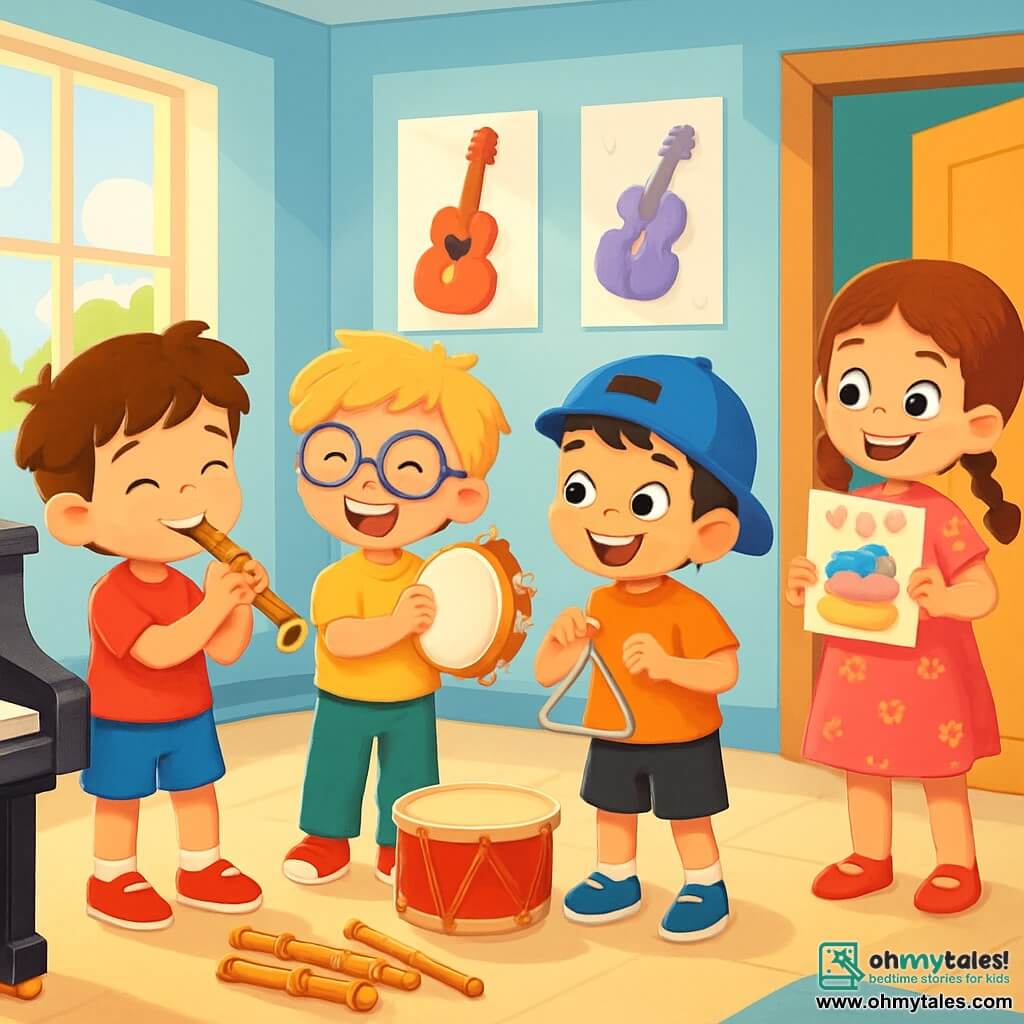 There are 4 children: Leo, a 5-year-old boy with messy brown hair, wearing a red t-shirt and blue shorts, holding a small flute and smiling joyfully; Max, a 5-year-old boy with blond hair and round glasses, dressed in a yellow t-shirt and green pants, enthusiastically shaking a tambourine; Sam, a 5-year-old boy with black hair and a blue cap, wearing an orange t-shirt and black shorts, holding a triangle and looking at his friends with sparkling eyes; and Lily, a 5-year-old girl with brown hair in braids, wearing a pink flower dress, standing by the door holding a colorful birthday card with a big smile. The setting is a bright music room with light blue walls and posters of musical instruments. Colorful instruments are scattered on the floor: a shiny black piano, red drums, and golden flutes. Sunlight streams through a large window, filling the room with a soft glow. The main scene shows the children playing their instruments, laughing, and cheering for each other. Leo plays his flute, Max shakes his tambourine, Sam hits the triangle, and Lily watches them with admiration while holding the birthday card. They are all together, celebrating their friendship through music and support.