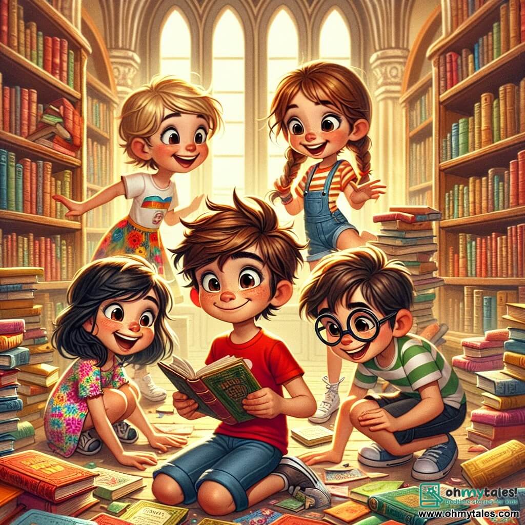 An 8-year-old boy, Max, with messy brown hair and a wide mischievous smile, is wearing a red t-shirt and blue shorts. He is crouched down, surrounded by scattered books, with sparkling eyes of excitement and a determined look on his face. Next to him, Lucy, a 7-year-old girl with braided blonde hair in a colorful floral dress, is softly laughing while holding a book. Tom, an 8-year-old boy with round glasses and a striped t-shirt, is leaning down to pick up a book, looking focused. Mia, a 7-year-old girl with brown hair in a ponytail, is doing a little twirl, her face glowing with joy. The scene takes place in an old library with tall wooden shelves filled with colorful book covers. Soft light filters through the windows, creating a warm and welcoming atmosphere. In the center, the children are busy putting fallen books back in order, laughing and whispering, while a book-shaped badge shines on the floor, waiting to be discovered.