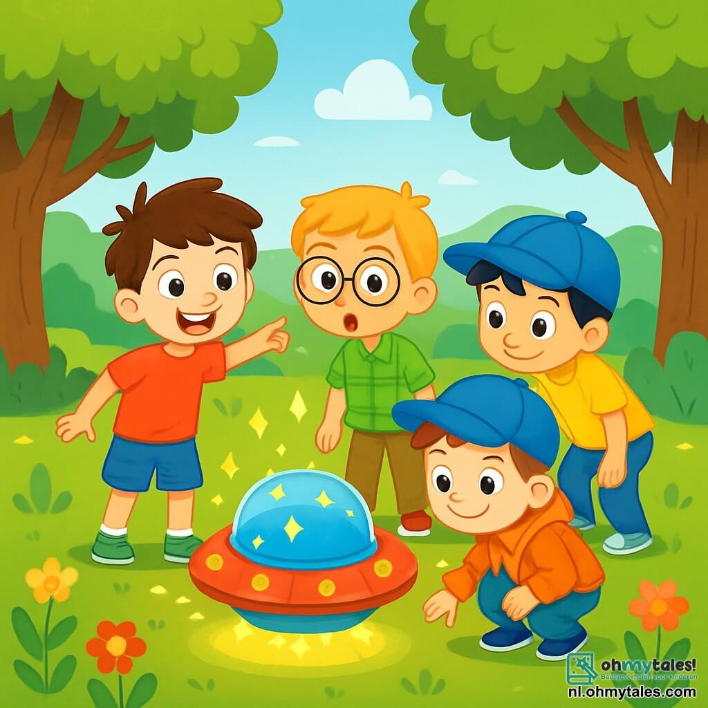 Er zijn 4 kinderen: - Max: een 6-jarig jongetje met rommelig bruin haar, in een rode t-shirt en een blauwe short, die enthousiast glimlacht en naar een ruimteschip wijst. - Sam: een 6-jarig jongetje met ronde bril en blond haar, gekleed in een groen geruit overhemd en een beige broek, die met grote ogen naar het ruimteschip kijkt. - Leo: een 6-jarig jongetje met zwart haar en een blauwe pet, in een gele t-shirt, die nieuwsgierig naar voren leunt om het UFO beter te zien. - Tom: een 6-jarig jongetje met rood haar en een ondeugende glimlach, gekleed in een oranje hoodie, die zich bukt om het ruimteschip van dichtbij te bekijken. De kinderen bevinden zich in een groene park, omringd door bomen met heldere bladeren en kleurrijke bloemen. In het midden van de afbeelding staat een klein rond ruimteschip dat schittert en in felle kleuren is, met fonkelende lichten die een magische sfeer creëren. De kinderen ontdekken het mysterieuze ruimteschip, met uitdrukkingen van verrassing en opwinding op hun gezichten, klaar voor een ongelooflijk avontuur met een buitenaards wezen dat binnenkort zal verschijnen.