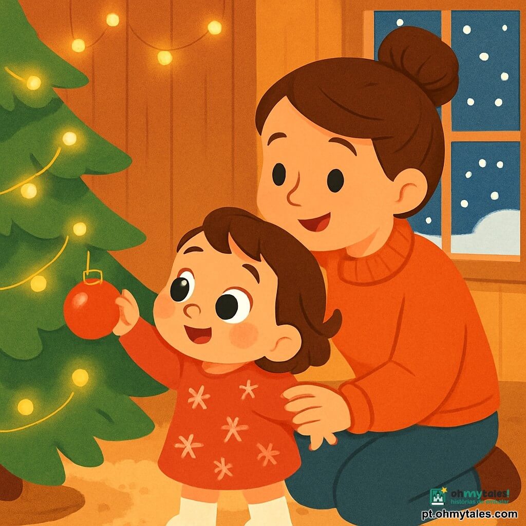 Uma menina de 2 anos, com grandes olhos brilhantes e bochechas rosadas, observa maravilhada um pinheiro de Natal decorado com luzes cintilantes. Ela usa um vestido vermelho com padrões de flocos de neve e botas brancas. Ao lado dela, sua mãe, uma mulher de cerca de 30 anos, sorridente e calorosa, a incentiva a pendurar uma bola brilhante na árvore. Ela tem cabelos castanhos presos em um coque e usa um suéter de lã macio. O ambiente é acolhedor, iluminado por uma luz dourada, com paredes de madeira e uma grande janela onde se vê a neve caindo suavemente do lado de fora. Um tapete macio está espalhado no chão, e cordões de luz decoram as paredes. A cena principal mostra a menina, cheia de alegria e excitação, estendendo a mão para pendurar uma bola vermelha cintilante no pinheiro de Natal, enquanto sua mãe a observa com ternura, criando uma atmosfera festiva e mágica de Natal.