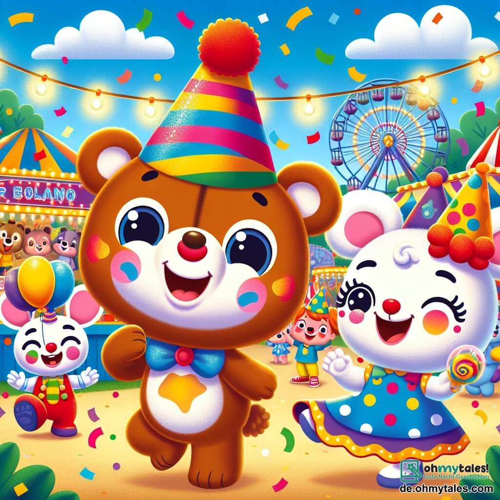 Ein kleiner brauner Bär namens Benny, mit einem großen Lächeln und funkelnden Augen, tanzt inmitten eines bunten Karnevals, trägt einen mit Konfetti geschmückten Partyhut. Neben ihm macht ein fröhlicher Clown mit einer großen, bunten Perücke und einer leuchtend roten Nase Grimassen, während er Tierballons hält und vor Freude lacht. Ein wenig weiter applaudiert ein kleines Kaninchen mit großen Ohren, das ein gepunktetes Kleid trägt, begeistert, mit leuchtenden Augen vor Aufregung. Der Ort ist ein festlicher Park, gefüllt mit bunten Essensständen, Lichterketten und glitzernden Dekorationen, wo Kinder und Tiere unter einem blauen Himmel mit weißen Wolken tanzen und Spaß haben. Die Hauptsituation zeigt Benny, umgeben von seinen Freunden, die fröhlich den Karneval feiern, in einer festlichen Atmosphäre, mit herabfallenden Konfetti und mitreißender Musik in der Luft.