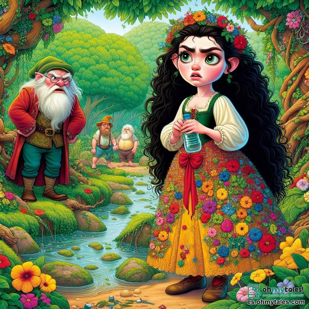 Blancanieves, una joven de piel de porcelana y cabello negro como el ébano, se encuentra en el centro de la imagen, con una expresión de preocupación y determinación. Lleva un vestido rojo y amarillo, decorado con flores coloridas, y observa atentamente un pequeño arroyo turbio, con las cejas ligeramente fruncidas. A su derecha, Sabio, un enano de unos 60 años, con una larga barba blanca y gafas redondas, observa la escena con seriedad, sosteniendo una botella de plástico. A su izquierda, Gruñón, un enano de rostro gruñón y gorra verde, cruza los brazos, preocupado, mientras se apoya en una roca, listo para intervenir. El entorno es un jardín exuberante, rodeado de árboles majestuosos con hojas verdes brillantes, pero el arroyo que lo atraviesa está turbio, con basura flotante, contrastando con la belleza natural de las flores coloridas que lo rodean. La situación principal muestra a Blancanieves y sus amigos descubriendo la contaminación del arroyo, un momento de tensión en el que se dan cuenta de que deben actuar para salvar su valioso entorno.