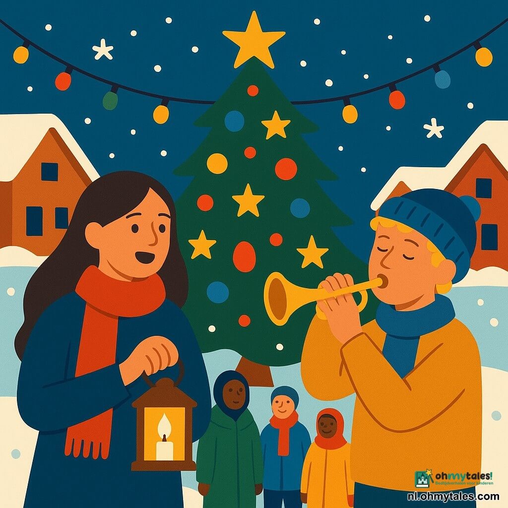 Er zijn 2 hoofdpersonages: Noor, een meisje van 12 jaar, heeft lang bruin haar en draagt een felrode sjaal. Ze houdt een kleine houten lantaarn in haar rechterhand en staat links op de afbeelding. Finn, een jongen van 12 jaar, heeft blonde krullende haren en draagt een blauwe muts. Hij speelt op een kleine gouden trompet en staat rechts op de afbeelding. De locatie is een besneeuwd dorpsplein, omringd door houten huizen met sneeuw bedekte daken. Gekleurde lichtslingers hangen tussen de huizen en creëren een warme sfeer. In het midden staat een grote kerstboom versierd met glinsterende ballen en gouden sterren. De hoofdscène toont Noor en Finn die zingen en muziek maken onder de grote kerstboom. Om hen heen vallen zachtjes sneeuwvlokken en enkele glimlachende dorpsbewoners luisteren, ingepakt in kleurrijke jassen. De afbeelding vangt een moment van vreugde en saamhorigheid, met levendige kleuren en een feestelijke sfeer.