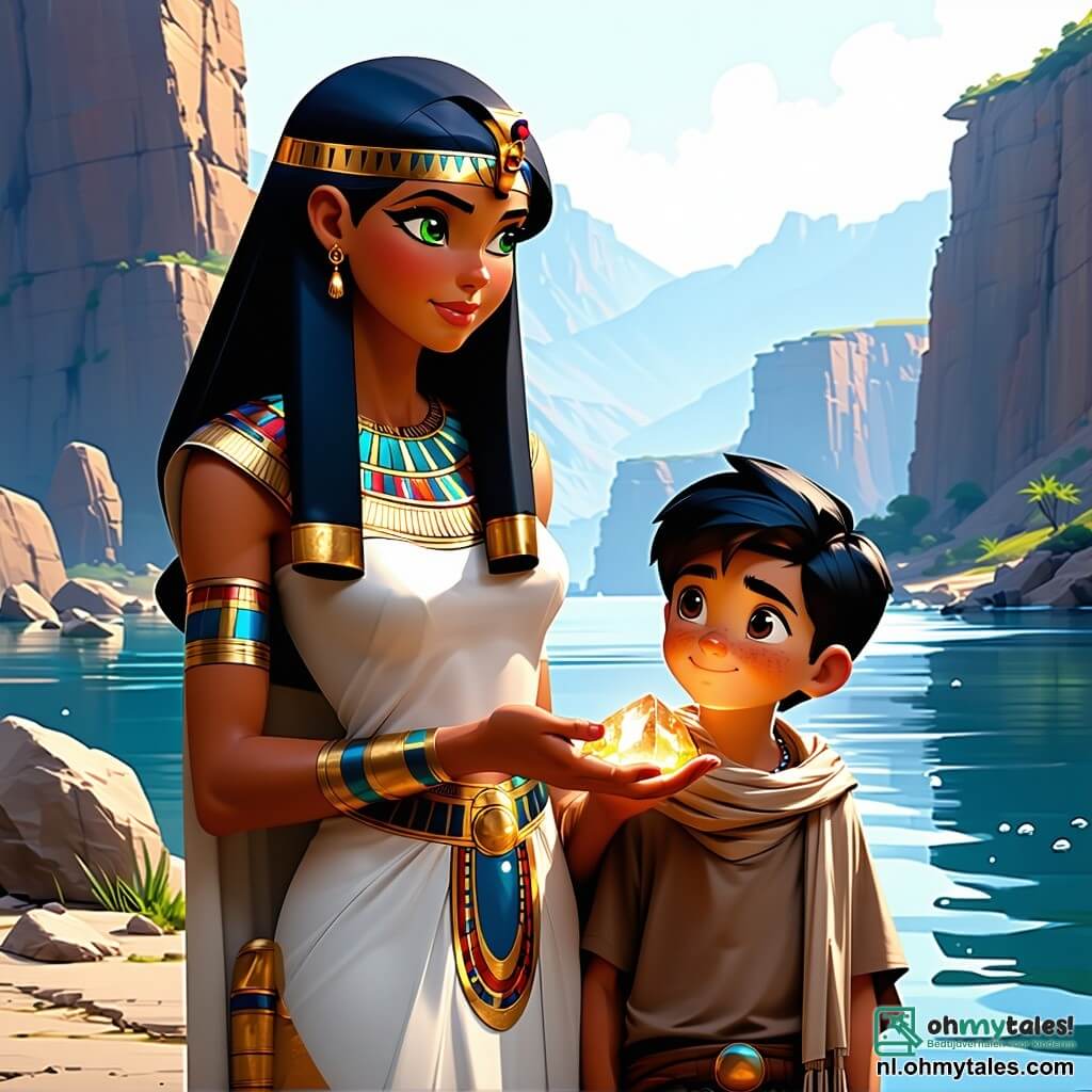 Neferu, een jonge Egyptische vrouw met stralend rood haar en sprankelende groene ogen, staat aan de oever van de majestueuze Nijl. Ze toont een schitterende vastberadenheid terwijl ze een fonkelende steen vasthoudt die een zachte gouden gloed uitstraalt. Naast haar kijkt Amset, een vijftienjarig jongen met zwart haar en fijne trekken, met bewondering naar de steen, zijn ogen glanzend van nieuwsgierigheid. Ze staan op een zandige oever, omringd door palmen die zachtjes in de warme bries wiegen. De plek is verlicht door het gouden licht van de ondergang, wat een betoverend landschap creëert waar de reflecties van het water dansen onder de zonnestralen. Op de achtergrond rijzen majestueuze piramides op tegen een lucht gekleurd in roze en oranje, wat een vleugje mysterie aan de scène toevoegt. Neferu ontdekt de magie van de steen, klaar om in een fantastische avontuur te duiken, terwijl Amset, naast haar, haar aanmoedigt met een hoopvolle glimlach.