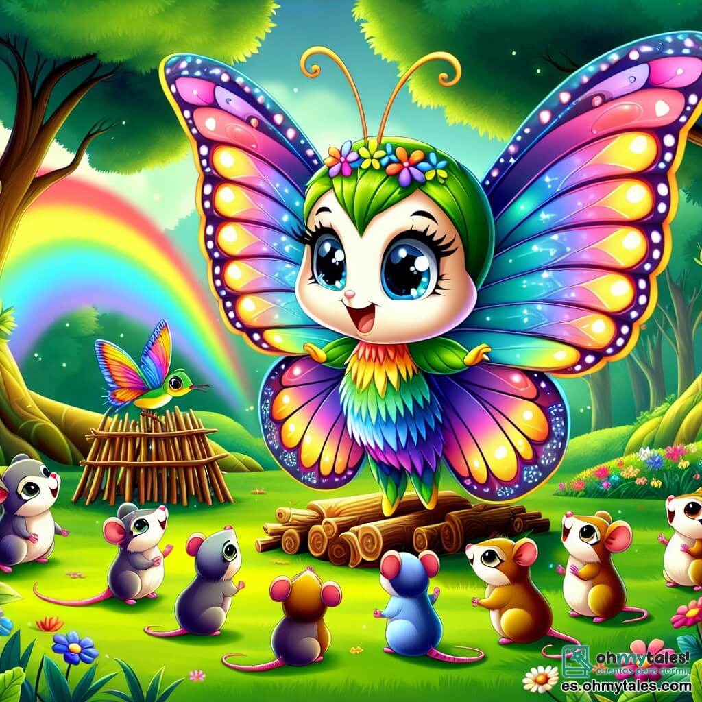 Un personaje principal, una pequeña mariposa de alas multicolores brillantes, se encuentra en el centro de un claro alegre, su rostro radiante de alegría y emoción. Sus alas brillan con los colores del arcoíris, creando una atmósfera mágica a su alrededor. A su derecha, un grupo de pequeños roedores de suaves pelajes y ojos curiosos se afanan en construir un pequeño podio de ramas y hojas, mostrando su entusiasmo por el festival. A la izquierda, un pájaro de plumas brillantes canta alegremente, sus ojos brillando de orgullo, mientras se eleva ligeramente en el aire, listo para compartir su melodía. El lugar es un claro verde del bosque de Arcoíris, rodeado de árboles majestuosos con troncos gruesos, cuyas hojas bailan suavemente al viento. Flores coloridas salpican el suelo, añadiendo un toque de magia al entorno. La situación principal muestra a la mariposa, llena de energía, guiando a los otros animales en los preparativos del Festival de la Diversidad, celebrando sus diferencias y uniendo a todos los habitantes del bosque en un ambiente de alegría y armonía.
