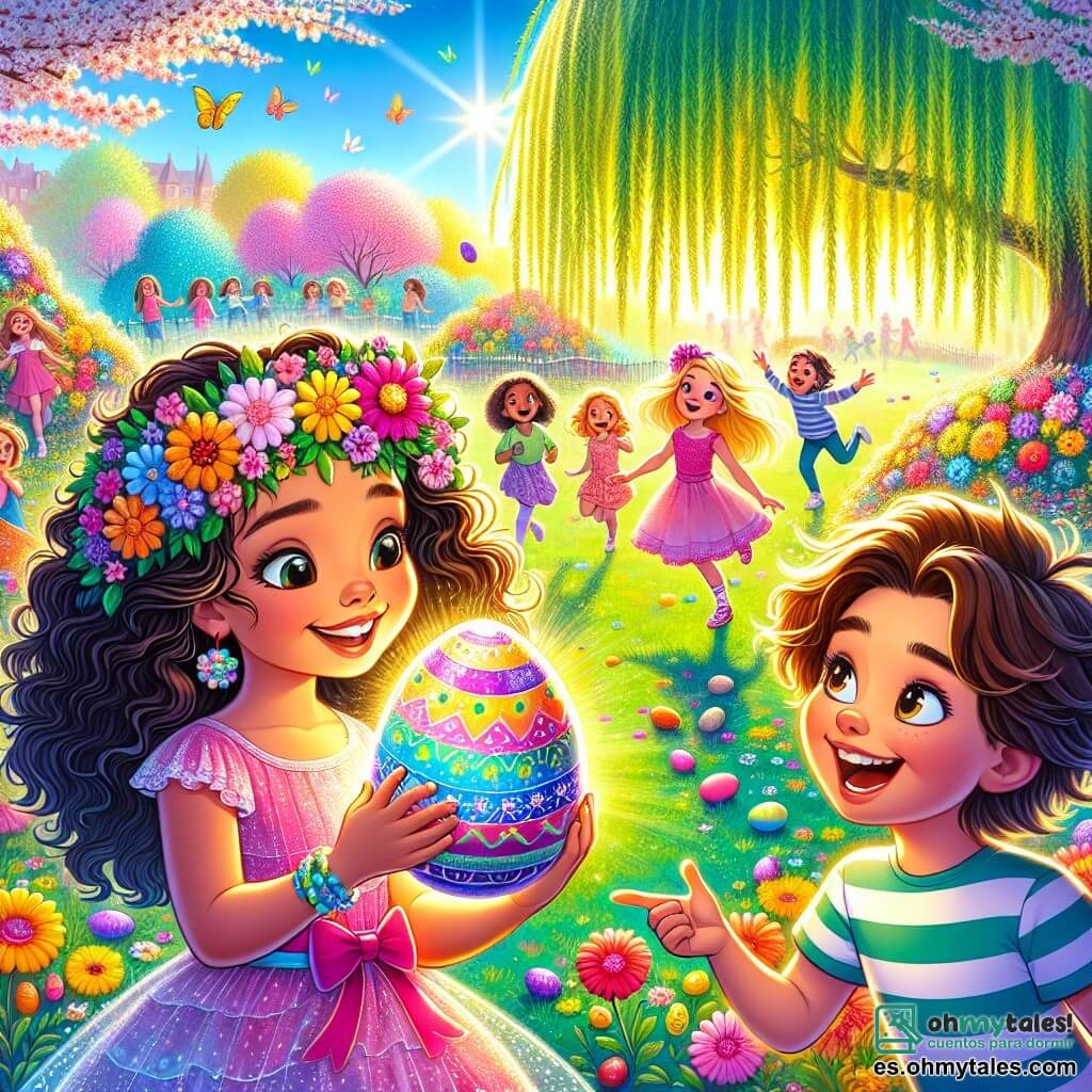 En un parque soleado, Valeria, una niña de 11 años con cabello rizado y una gran sonrisa, está en el centro sosteniendo un huevo de Pascua colorido en sus manos. A su derecha, Sofía, una niña de 10 años con una diadema de flores y un vestido rosa, mira con asombro el huevo. A la izquierda, Lucas, un niño de 11 años con cabello castaño desordenado y una camiseta a rayas, ríe señalando a un grupo de niños que juegan a lo lejos. El decorado es un parque vibrante, lleno de flores multicolores, con árboles en flor y niños corriendo alegremente. Al fondo, un gran sauce se mueve suavemente con el viento, creando una atmósfera mágica. La escena principal muestra a Valeria, Sofía y Lucas descubriendo un huevo de Pascua escondido bajo una flor gigante, rodeados de risas y colores, simbolizando el espíritu de Pascua y la amistad.