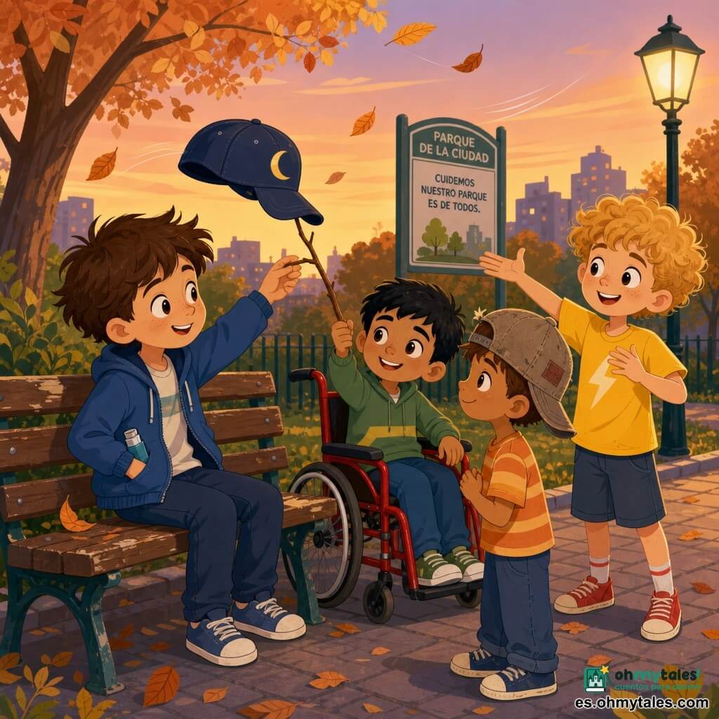 Cuatro niños de 8 años: Mateo, pelo castaño despeinado, piel clara, gorra con luna y chaqueta azul, sentado a la izquierda en un banco sujetando la gorra con una mano y con su inhalador en el bolsillo; Lucas, pelo corto negro, piel oliva, en una silla de ruedas roja en el centro adelantado al banco, estirando una ramita para alcanzar la gorra; Dani, pelo rubio rizado, piel pálida, camiseta amarilla, de pie a la derecha con una mueca alegre mirando a Tomás; Tomás, pelo castaño corto, piel ligeramente bronceada, gorra usada demasiado grande, delante del banco a media distancia sonriendo tímidamente listo para recibir la gorra. Lugar: parque urbano al crepúsculo con sendero empedrado, banco de madera algo gastado, árboles de hojas anaranjadas, cartel municipal y hojas que vuelan; atmósfera cálida con tonos pastel dorados. Situación: escena tierna y tranquila de amistad y ayuda compartiendo una gorra, miradas cómplices, viento ligero que levanta la gorra y algunas hojas, composición clara y cercana, estilo vectorial simple y alegre con paleta cálida y contrastes suaves.
