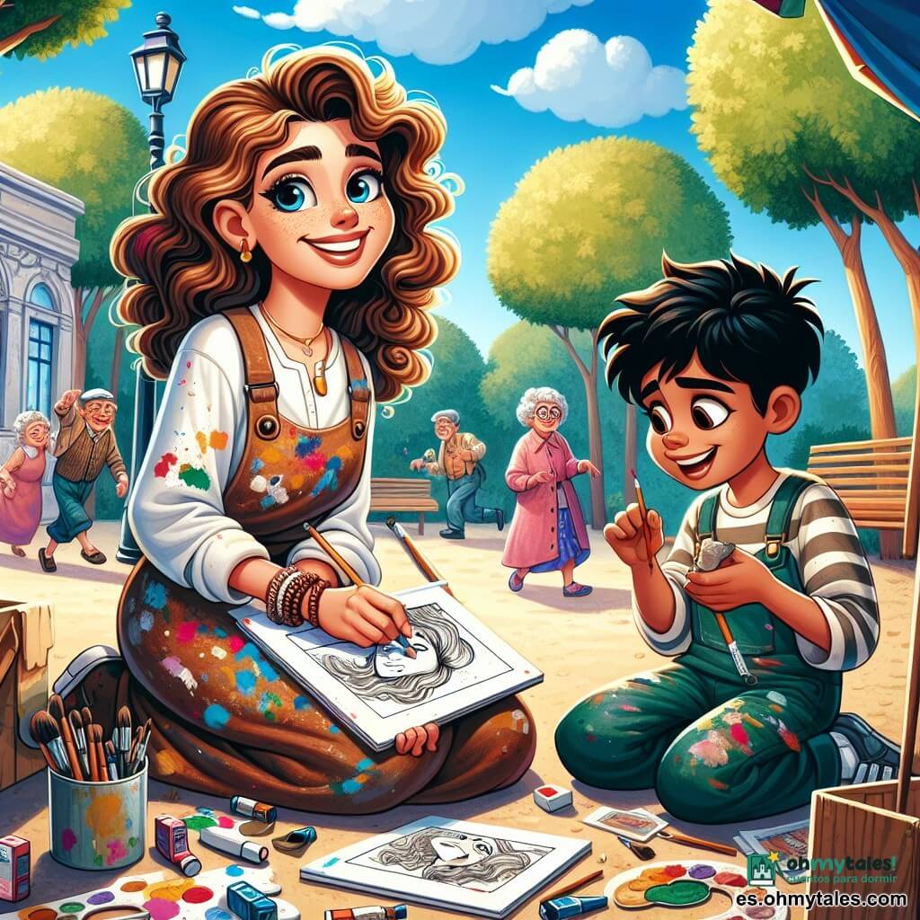 Una joven artista, Alma, con cabello castaño rizado y ojos llenos de curiosidad, está sentada en el suelo de una pequeña plaza. Lleva una blusa salpicada de pintura y sonríe entusiasmada, sosteniendo un lápiz en una mano y un cuaderno de bocetos en la otra. A su lado, un niño, Diego, de unos 10 años, con cabello negro despeinado y piel bronceada, observa con admiración los dibujos de Alma, con las manos cubiertas de tierra, mientras modela una pequeña escultura. La plaza está rodeada de grandes árboles de hojas verdes vibrantes, con bancos de madera donde personas mayores conversan alegremente. Niños juegan a lo lejos, añadiendo una atmósfera de alegría y creatividad. La escena principal muestra a Alma y Diego compartiendo un momento de inspiración artística, rodeados de colores vivos y risas, mientras se preparan para organizar un evento artístico que reúna a su comunidad.