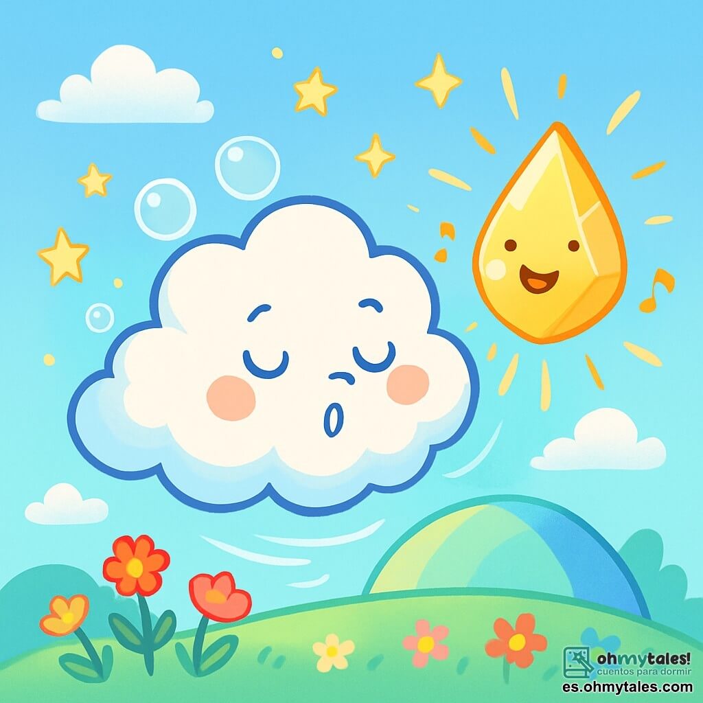 Una pequeña nube suave y esponjosa, llamada Almohadita, flota pacíficamente en un cielo azul pastel, con una sonrisa benevolente y ojos brillantes de dulzura. Está rodeada de pequeñas estrellas centelleantes que bailan a su alrededor, creando una atmósfera de serenidad y magia. Cerca, un cristal brillante en forma de gota emite destellos de luz dorada y produce una melodía tranquilizadora. Este cristal, con un rostro sonriente, parece feliz de compartir su música suave, añadiendo un toque de alegría a la escena. El decorado es un paisaje onírico, con una cúpula protectora de colores cambiantes, pasando del azul al verde suave, y un suelo cubierto de flores coloridas que se inclinan suavemente al ritmo del viento. Nubes ligeras flotan aquí y allá, contribuyendo a la sensación de calma. La situación principal muestra a Almohadita y al cristal respirando juntos, rodeados de olas de dulzura y luz. Almohadita inspira profundamente, y a su alrededor, burbujas de sueño se elevan, llevándose las preocupaciones y llenando el aire de paz y bienestar.
